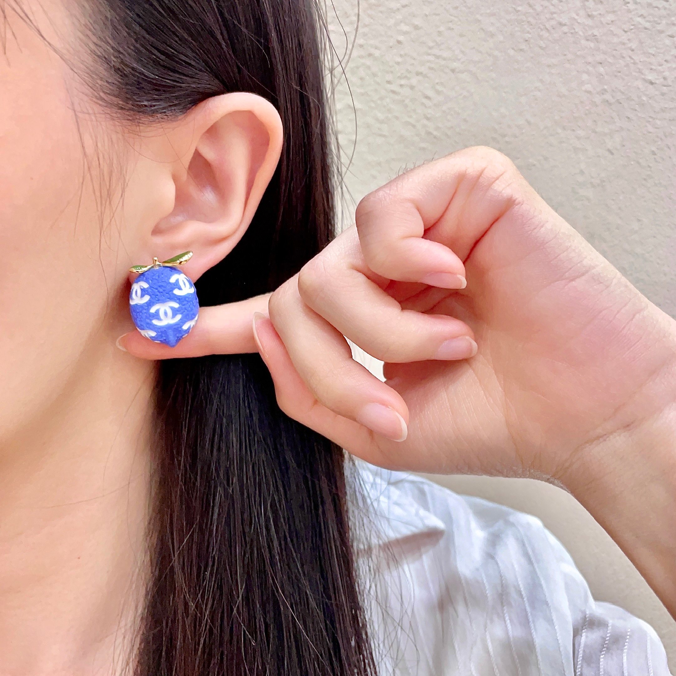 Chanel CC Lemon Stud Earrings earrings Gold-tone metal with blue enamel white interlocking CC logos green enamel leaf accents One Size