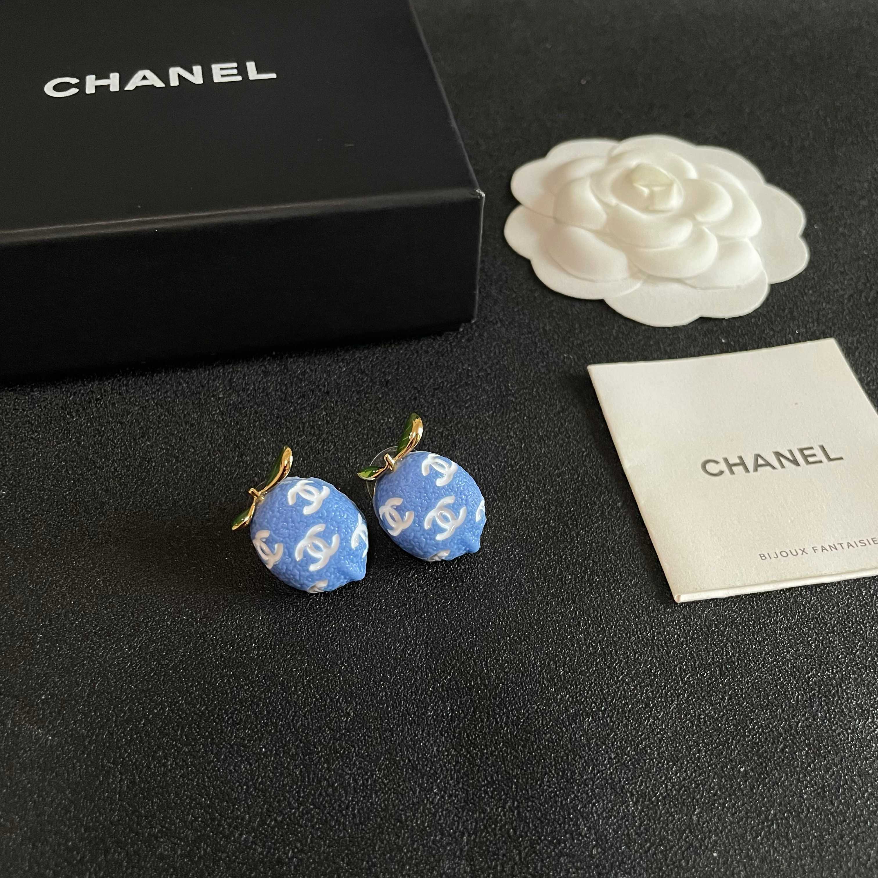 Chanel CC Lemon Stud Earrings earrings Gold-tone metal with blue enamel white interlocking CC logos green enamel leaf accents One Size