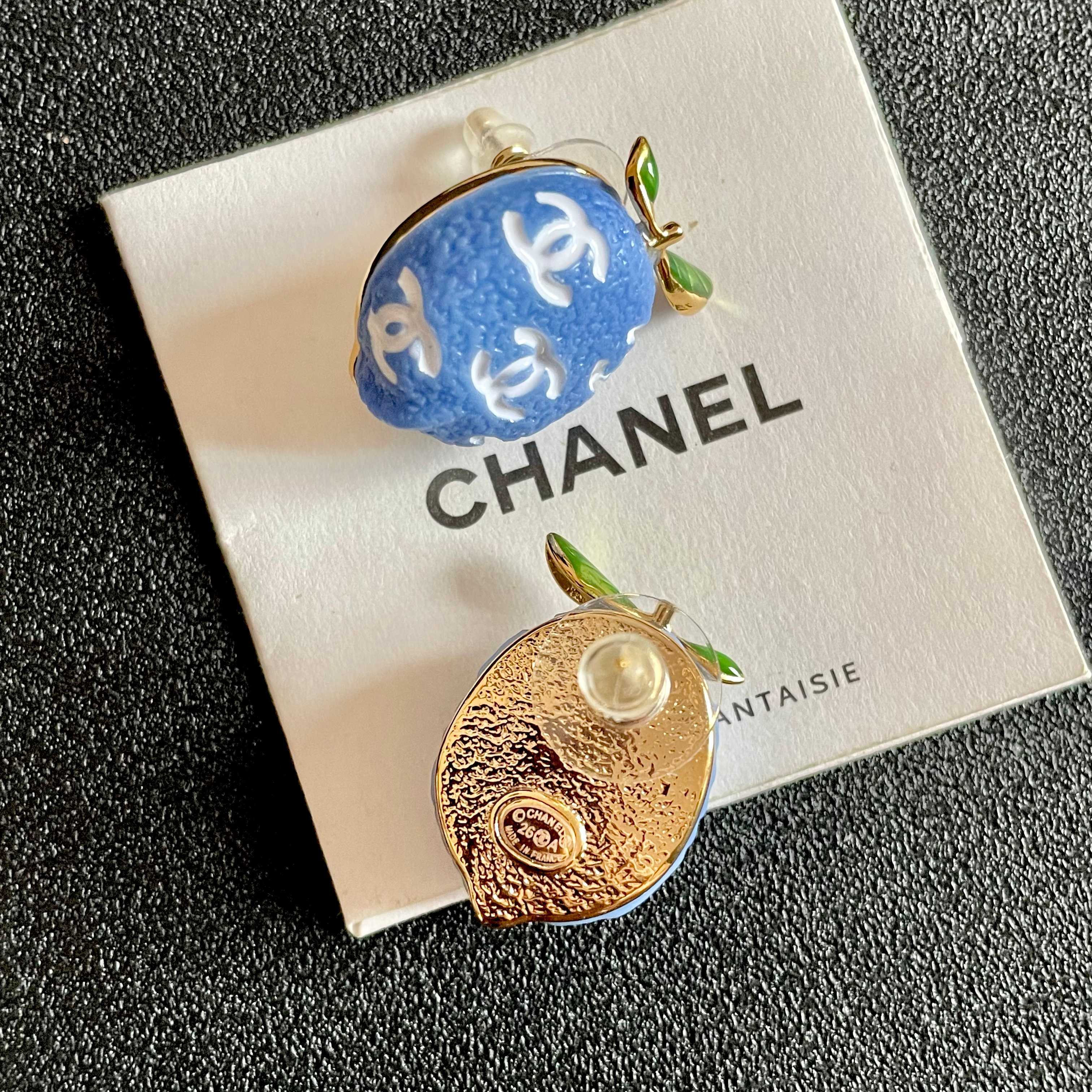 Chanel CC Lemon Stud Earrings earrings Gold-tone metal with blue enamel white interlocking CC logos green enamel leaf accents One Size