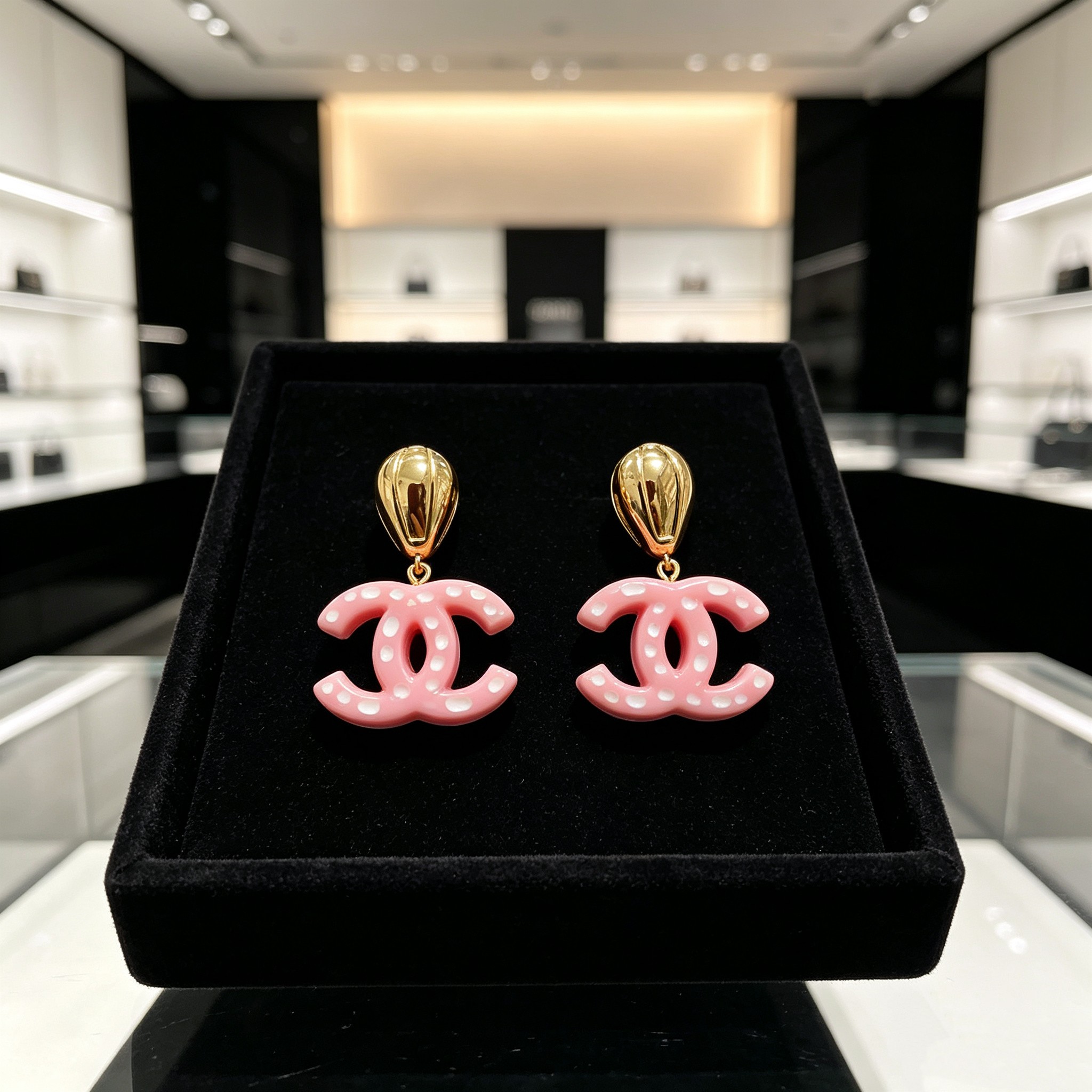 Chanel CC Drop Earrings earrings Gold-tone metal with pink resin and white polka dot accents One Size