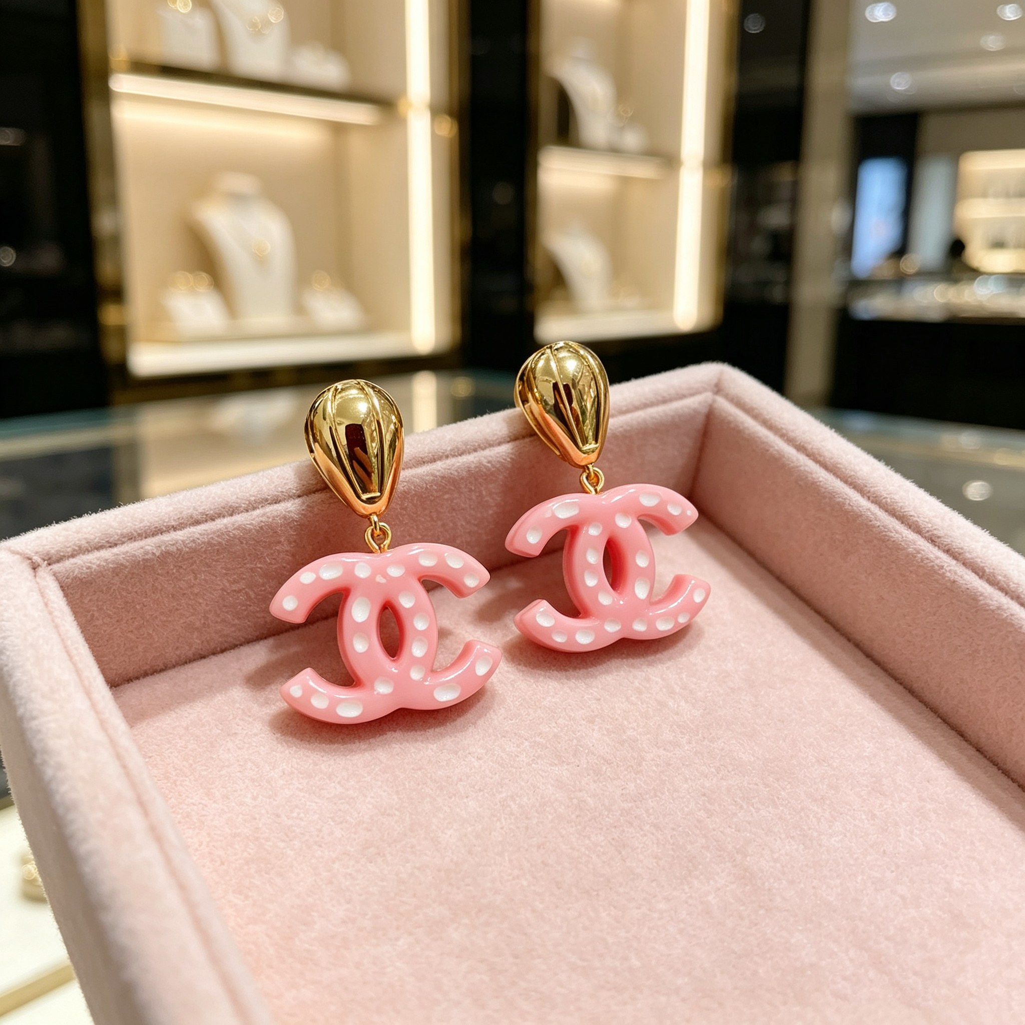 Chanel CC Drop Earrings earrings Gold-tone metal with pink resin and white polka dot accents One Size