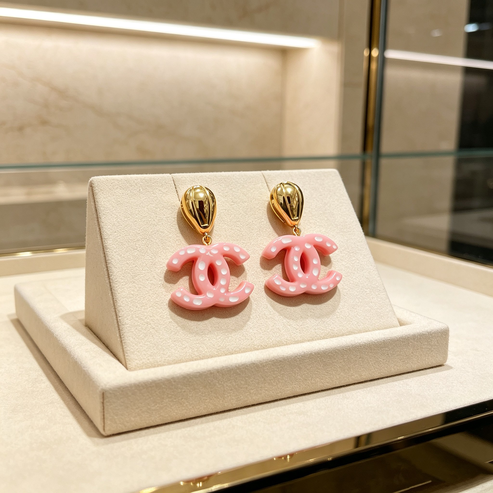Chanel CC Drop Earrings earrings Gold-tone metal with pink resin and white polka dot accents One Size