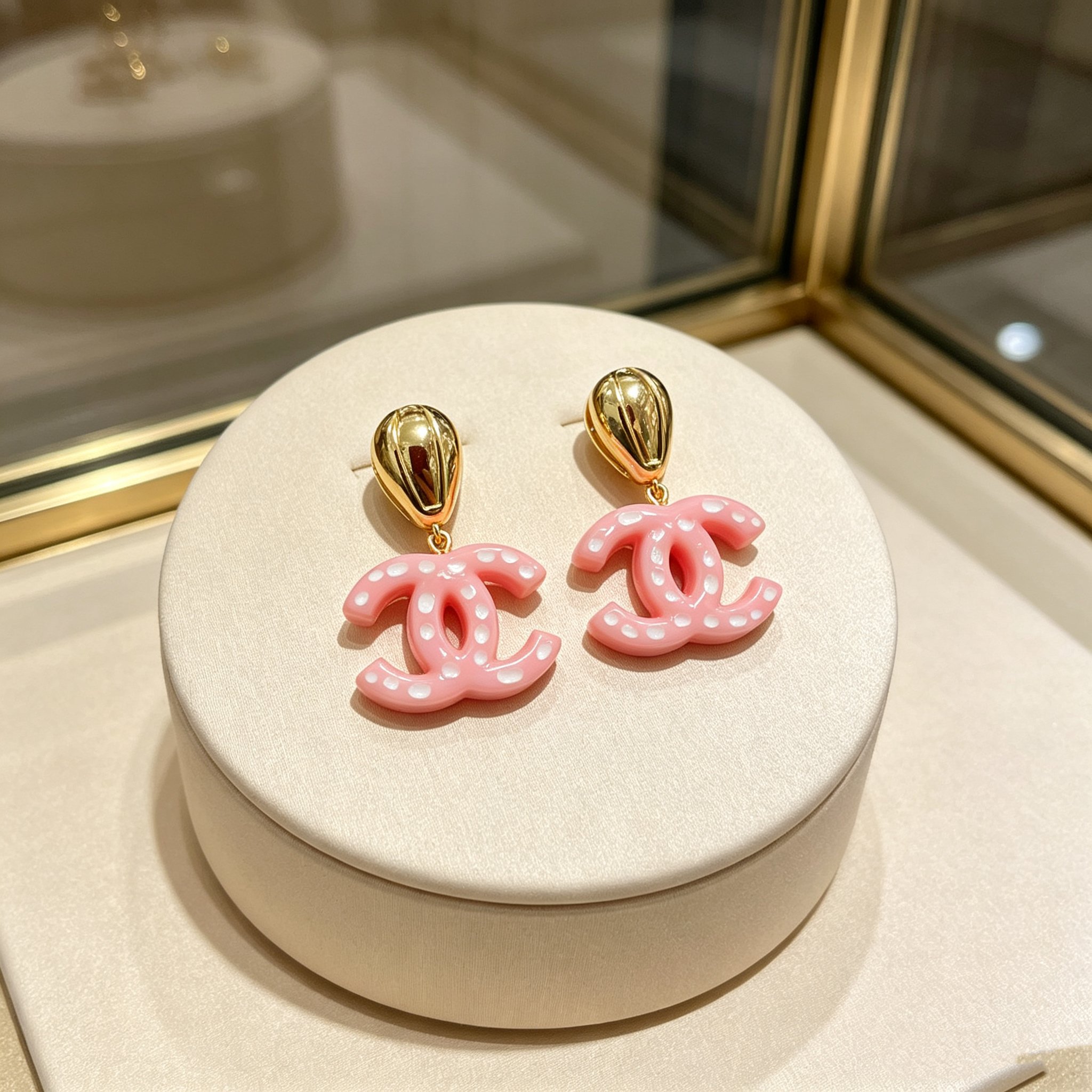 Chanel CC Drop Earrings earrings Gold-tone metal with pink resin and white polka dot accents One Size