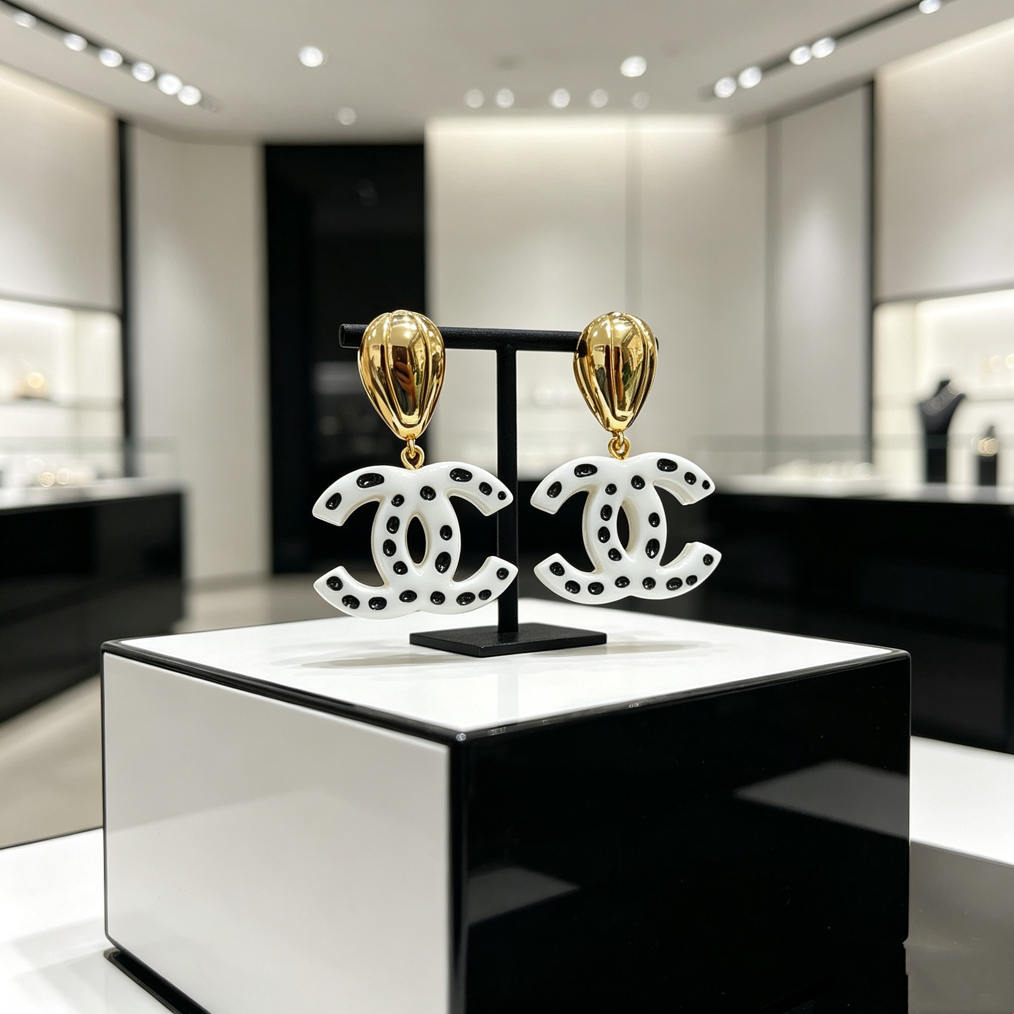 Chanel CC Drop Earrings Polka Dot earrings gold tone metal white resin with black polka dot accents 4 5cm drop length