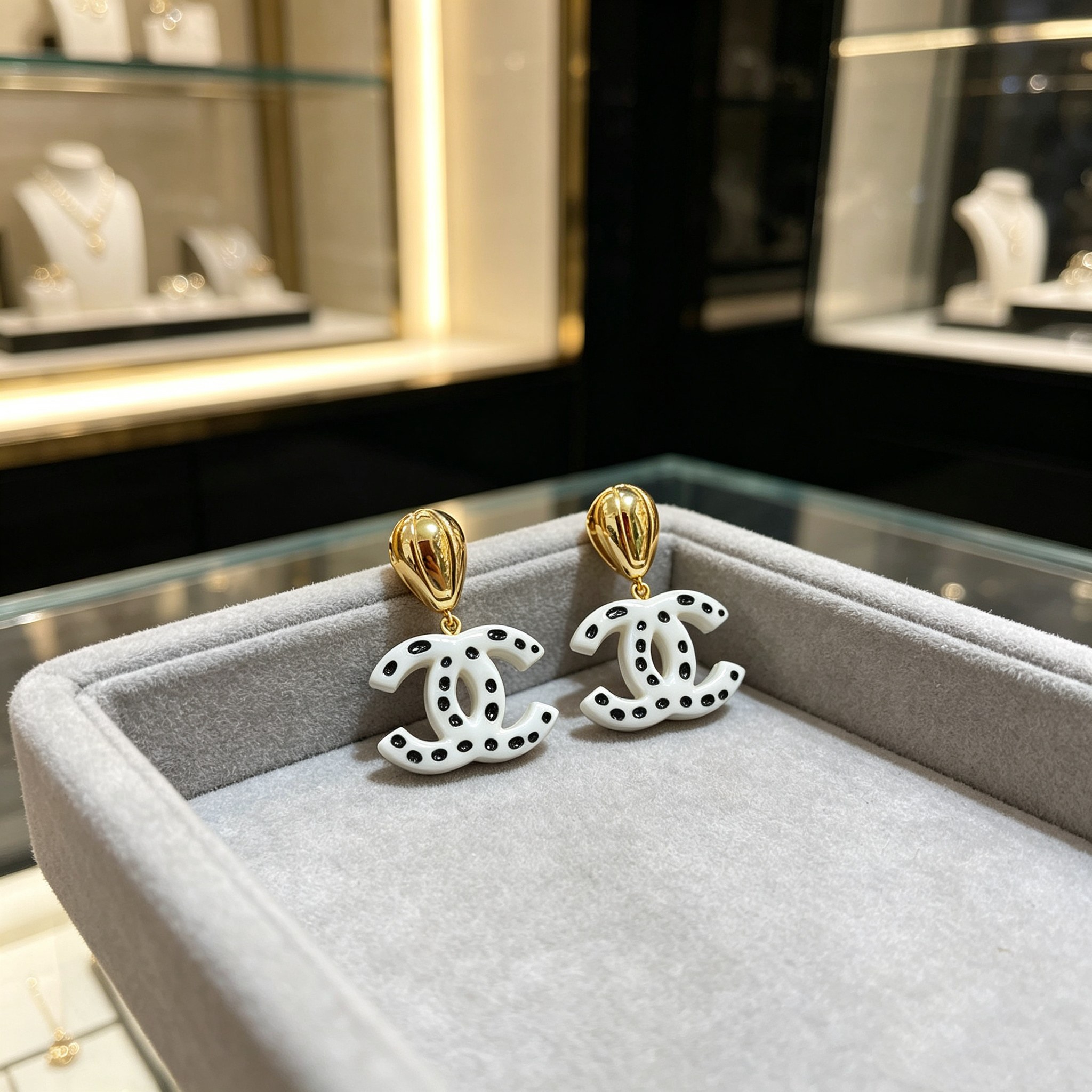 Chanel CC Drop Earrings Polka Dot earrings gold tone metal white resin with black polka dot accents 4 5cm drop length