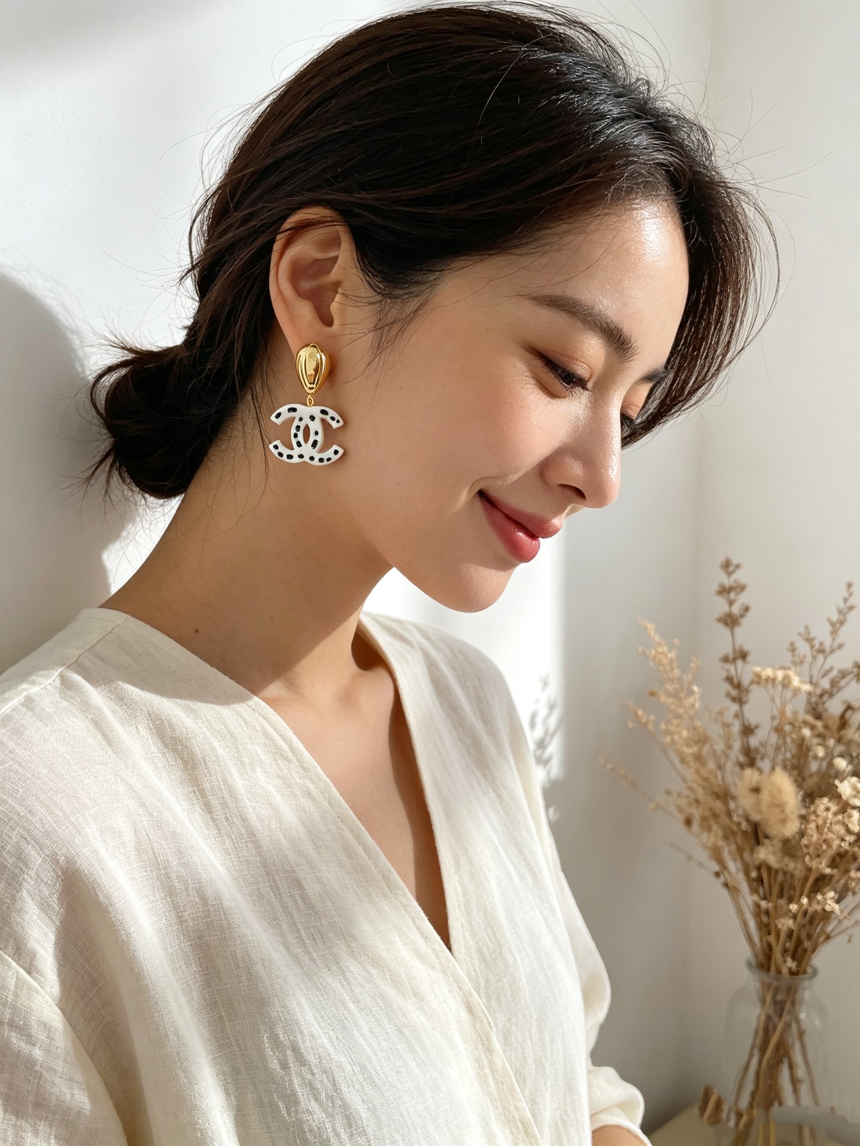 Chanel CC Drop Earrings Polka Dot earrings gold tone metal white resin with black polka dot accents 4 5cm drop length
