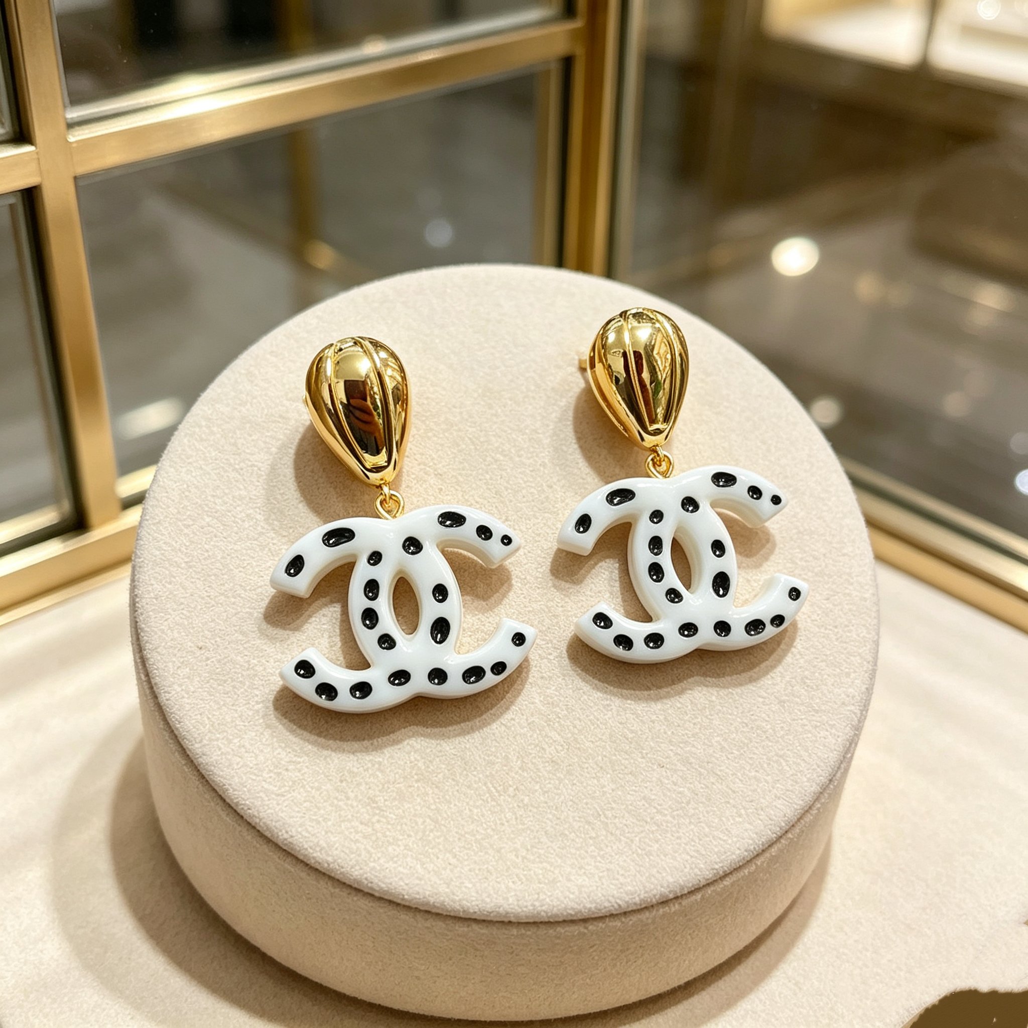 Chanel CC Drop Earrings Polka Dot earrings gold tone metal white resin with black polka dot accents 4 5cm drop length