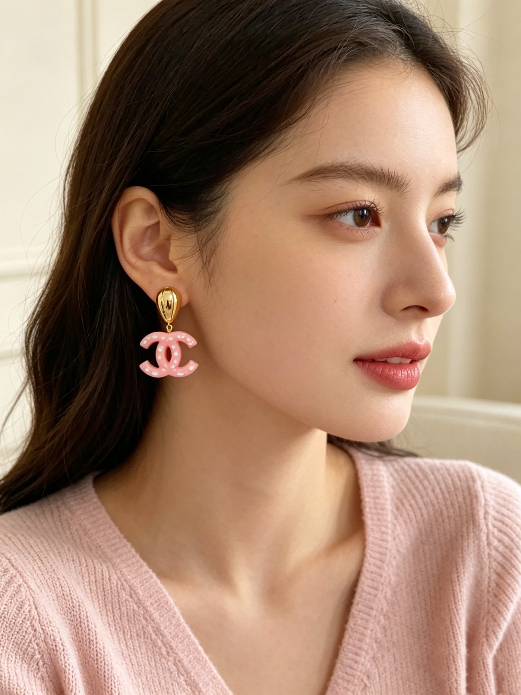 Chanel CC Drop Earrings earrings Gold-tone metal with pink resin and white polka dot accents One Size