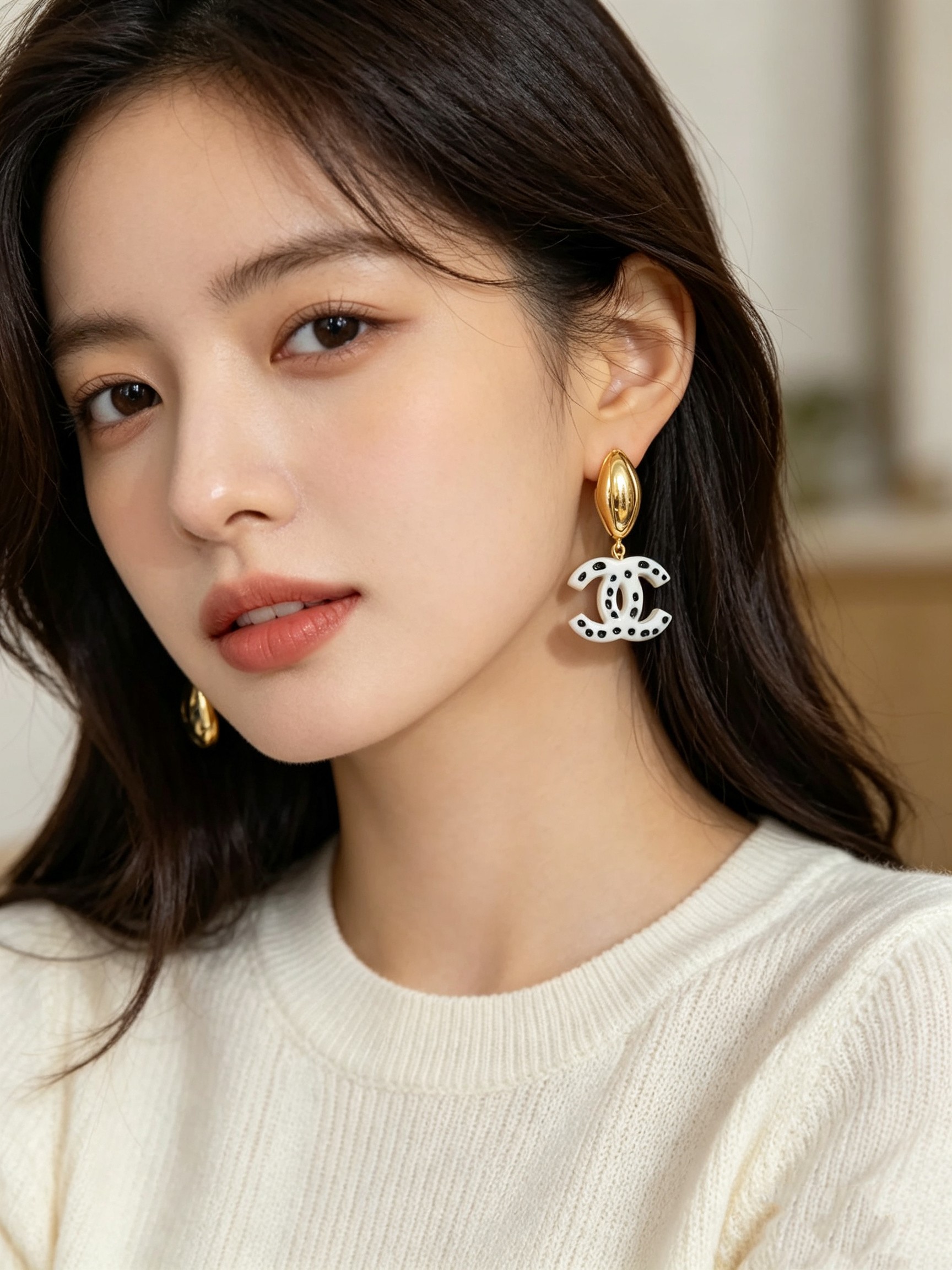 Chanel CC Drop Earrings Polka Dot earrings gold tone metal white resin with black polka dot accents 4 5cm drop length