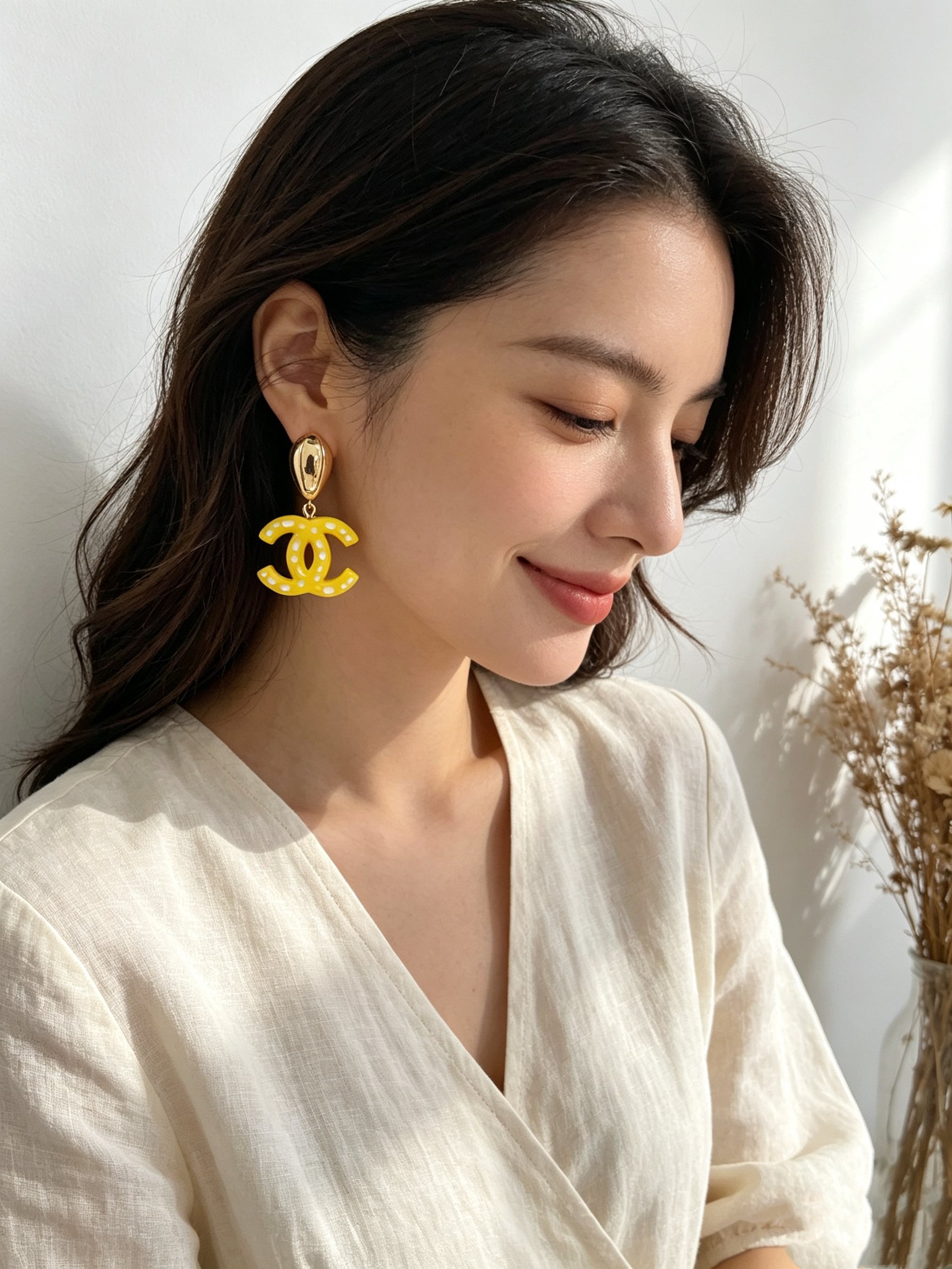Chanel CC Drop Earrings earrings gold-tone metal bright yellow resin with white polka dots 4 5cm length