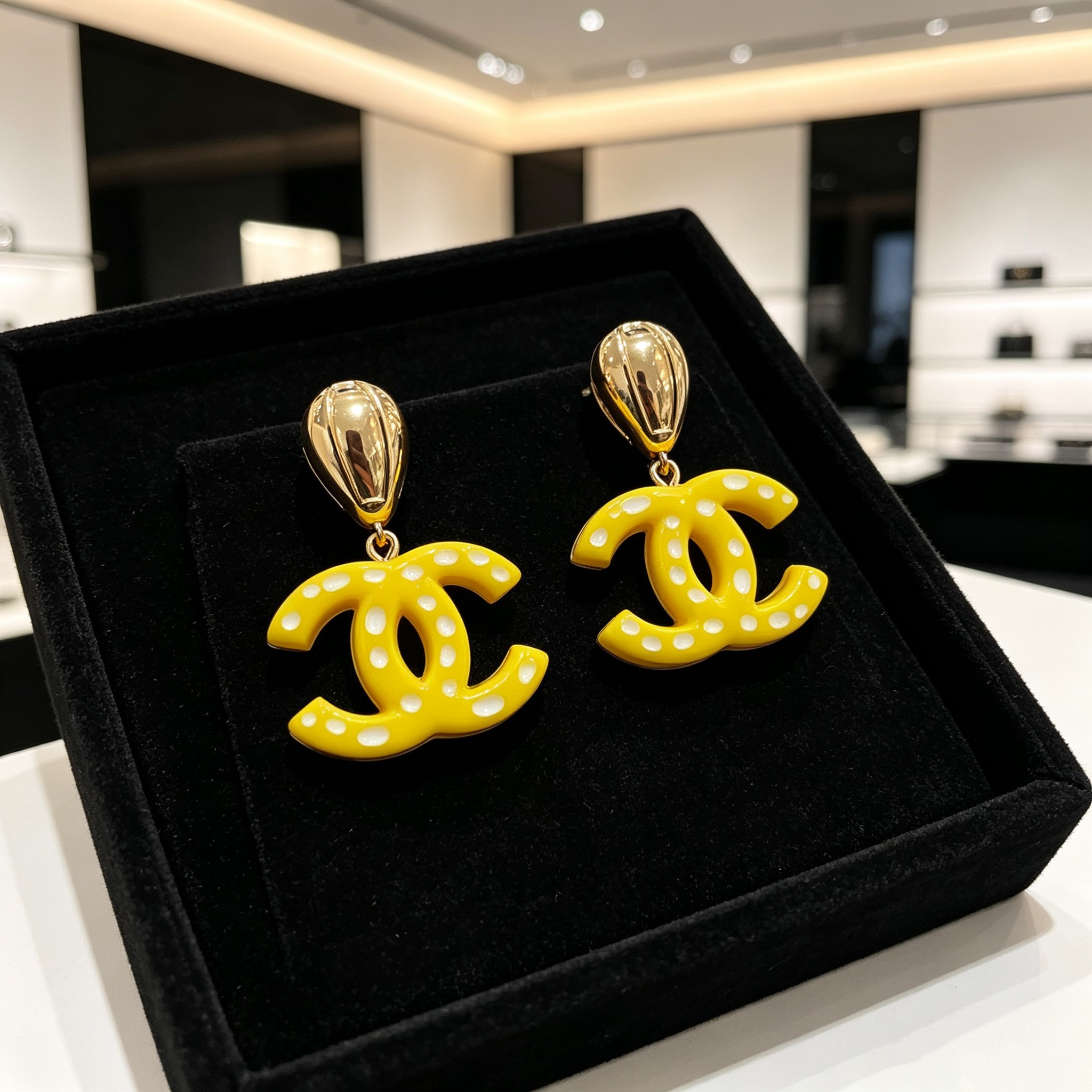 Chanel CC Drop Earrings earrings gold-tone metal bright yellow resin with white polka dots 4 5cm length