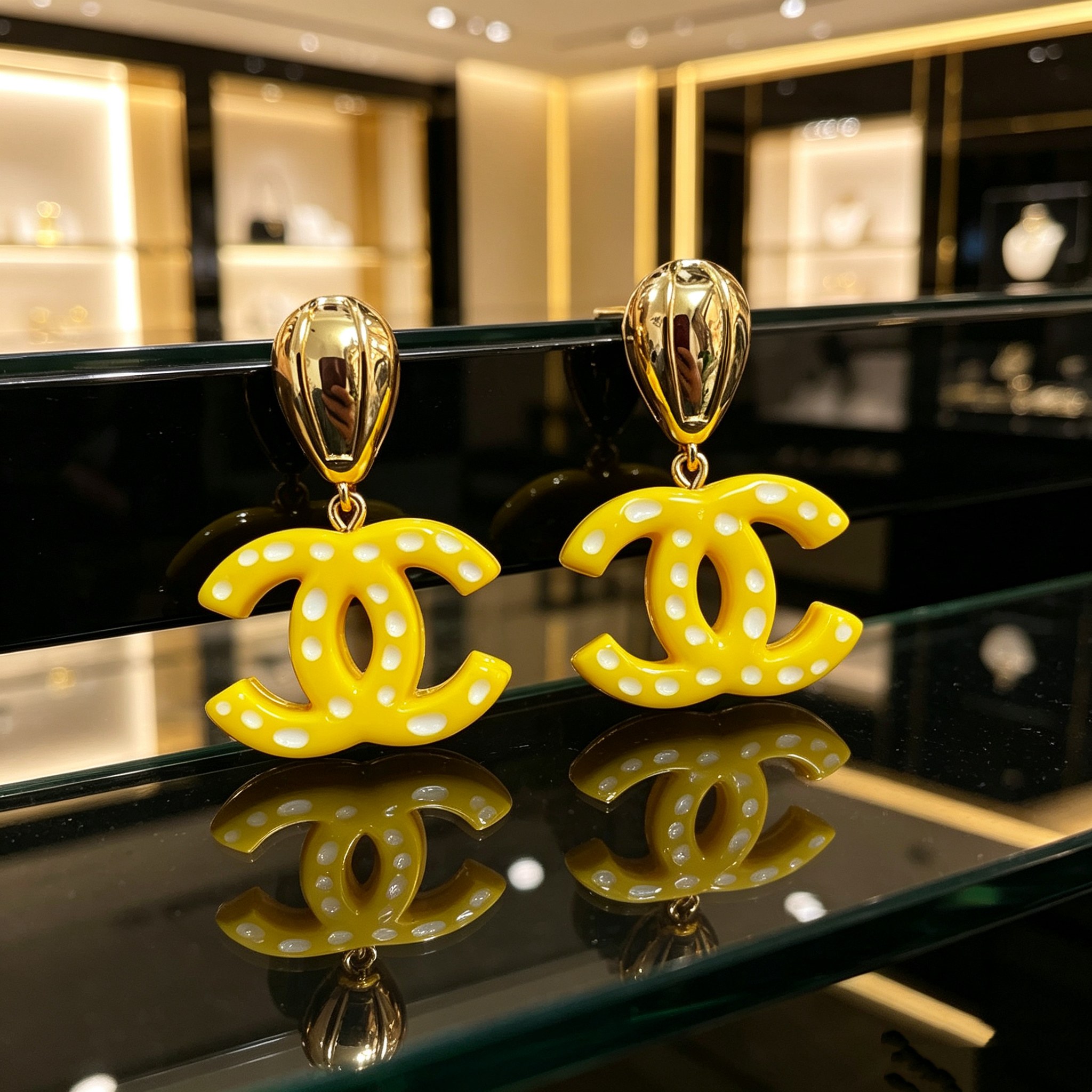 Chanel CC Drop Earrings earrings gold-tone metal bright yellow resin with white polka dots 4 5cm length
