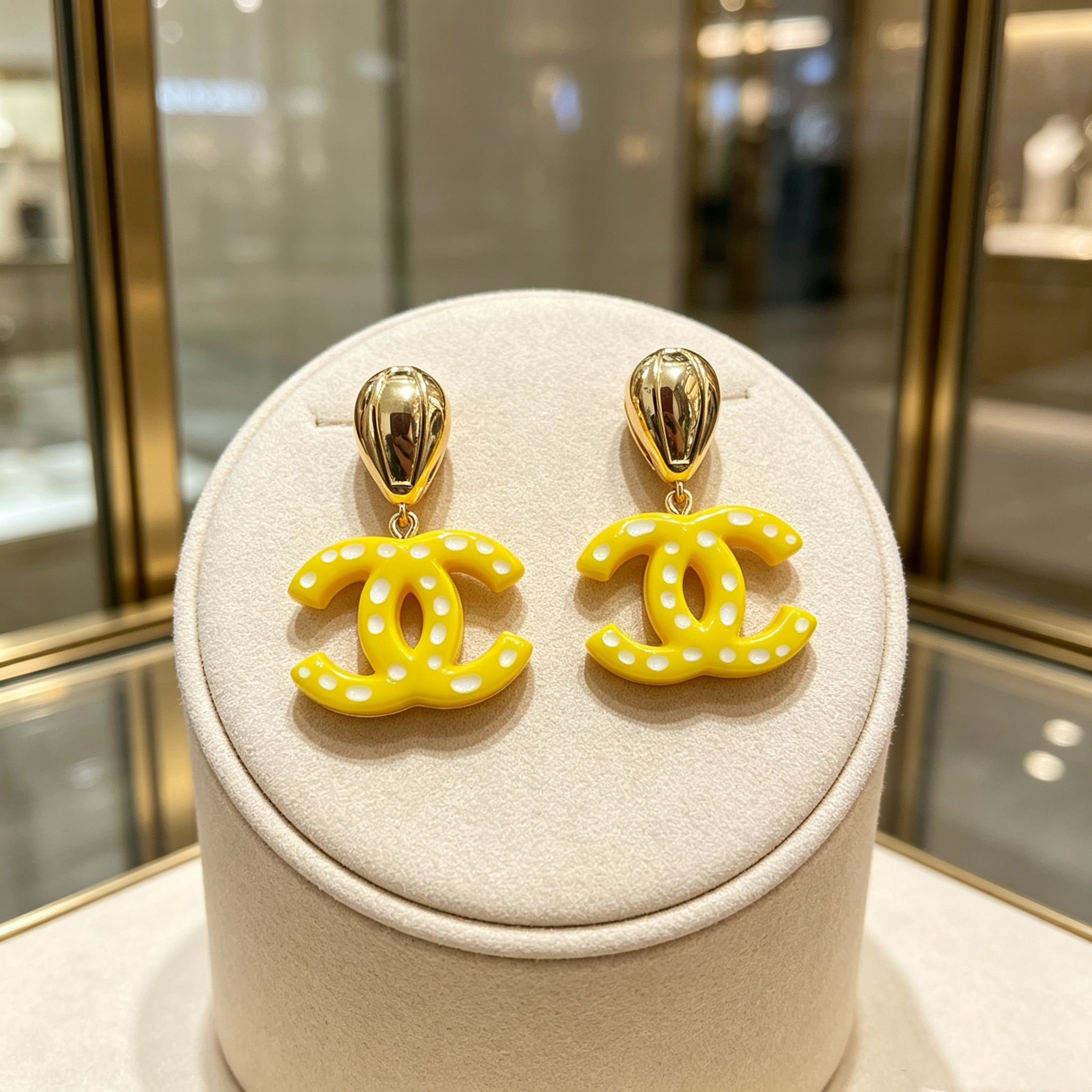 Chanel CC Drop Earrings earrings gold-tone metal bright yellow resin with white polka dots 4 5cm length