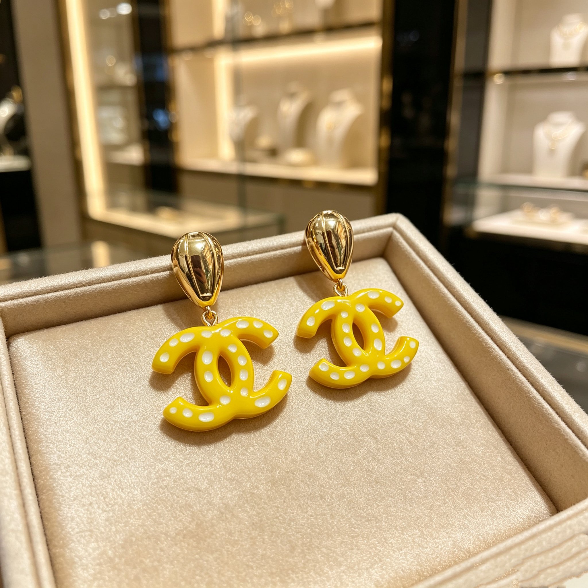 Chanel CC Drop Earrings earrings gold-tone metal bright yellow resin with white polka dots 4 5cm length
