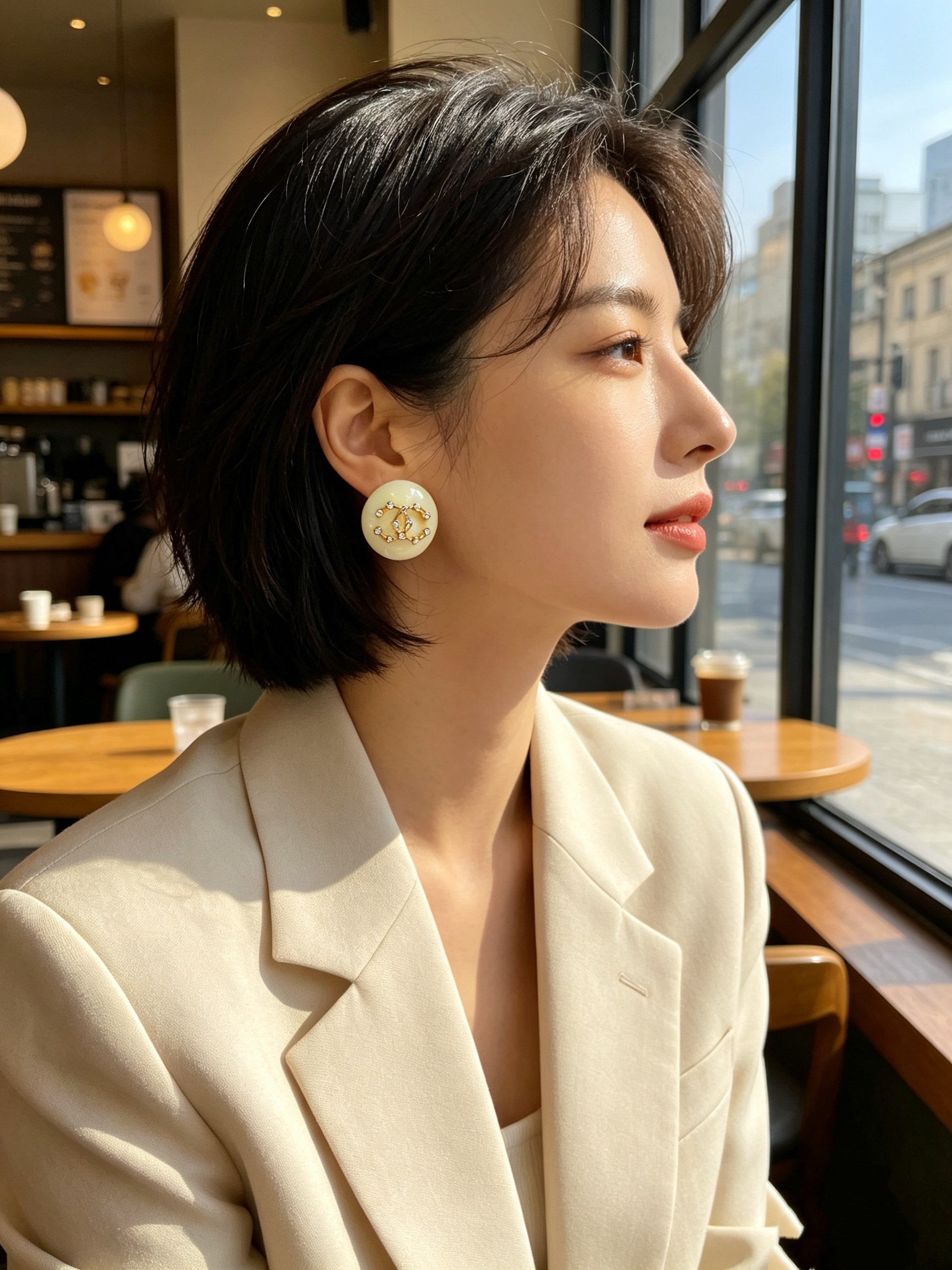 Chanel CC Logo Round Resin Stud Earrings earrings Cream ivory resin gold-tone metal clear crystal rhinestones 2 5cm diameter