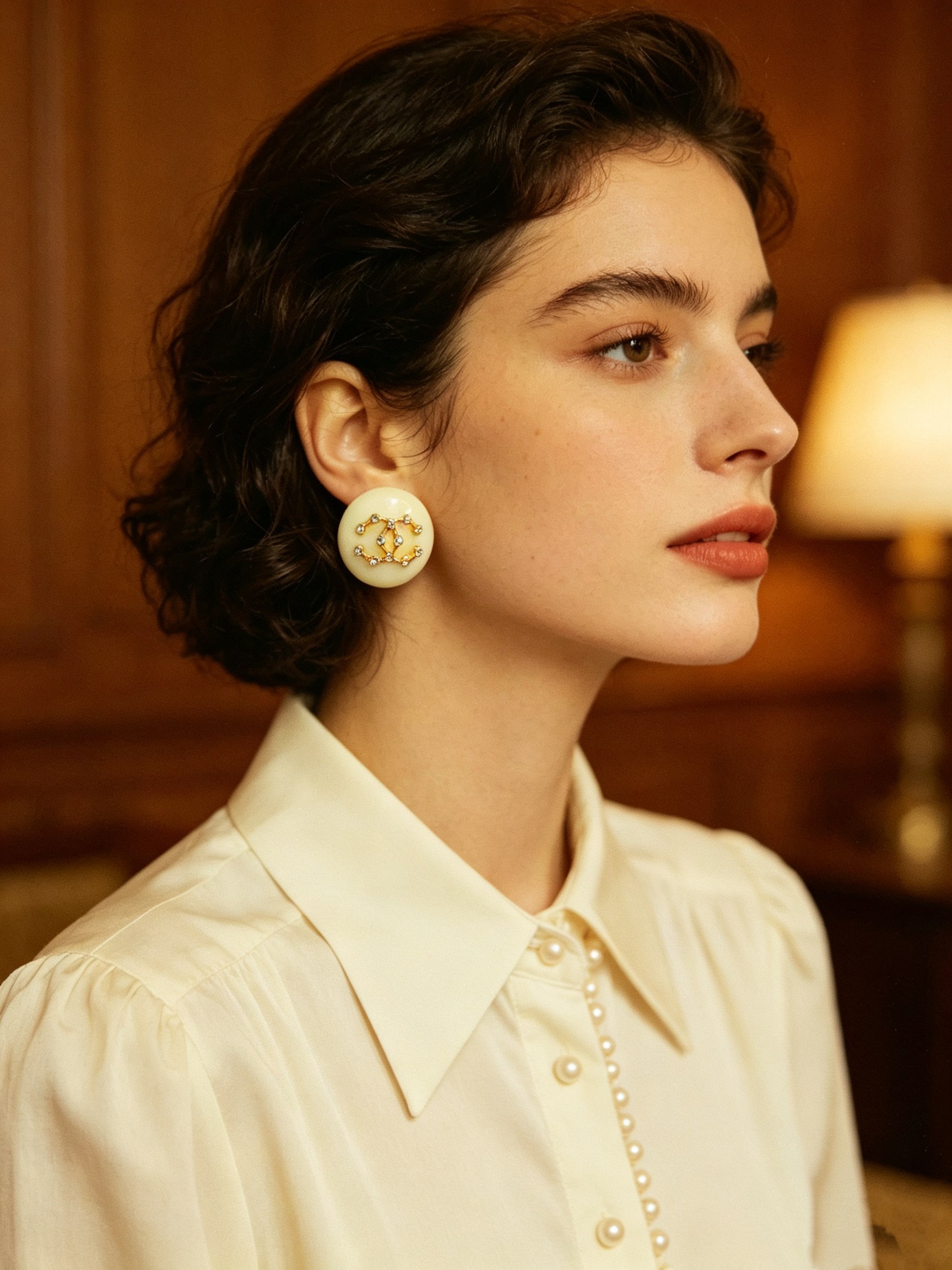Chanel CC Logo Round Resin Stud Earrings earrings Cream ivory resin gold-tone metal clear crystal rhinestones 2 5cm diameter