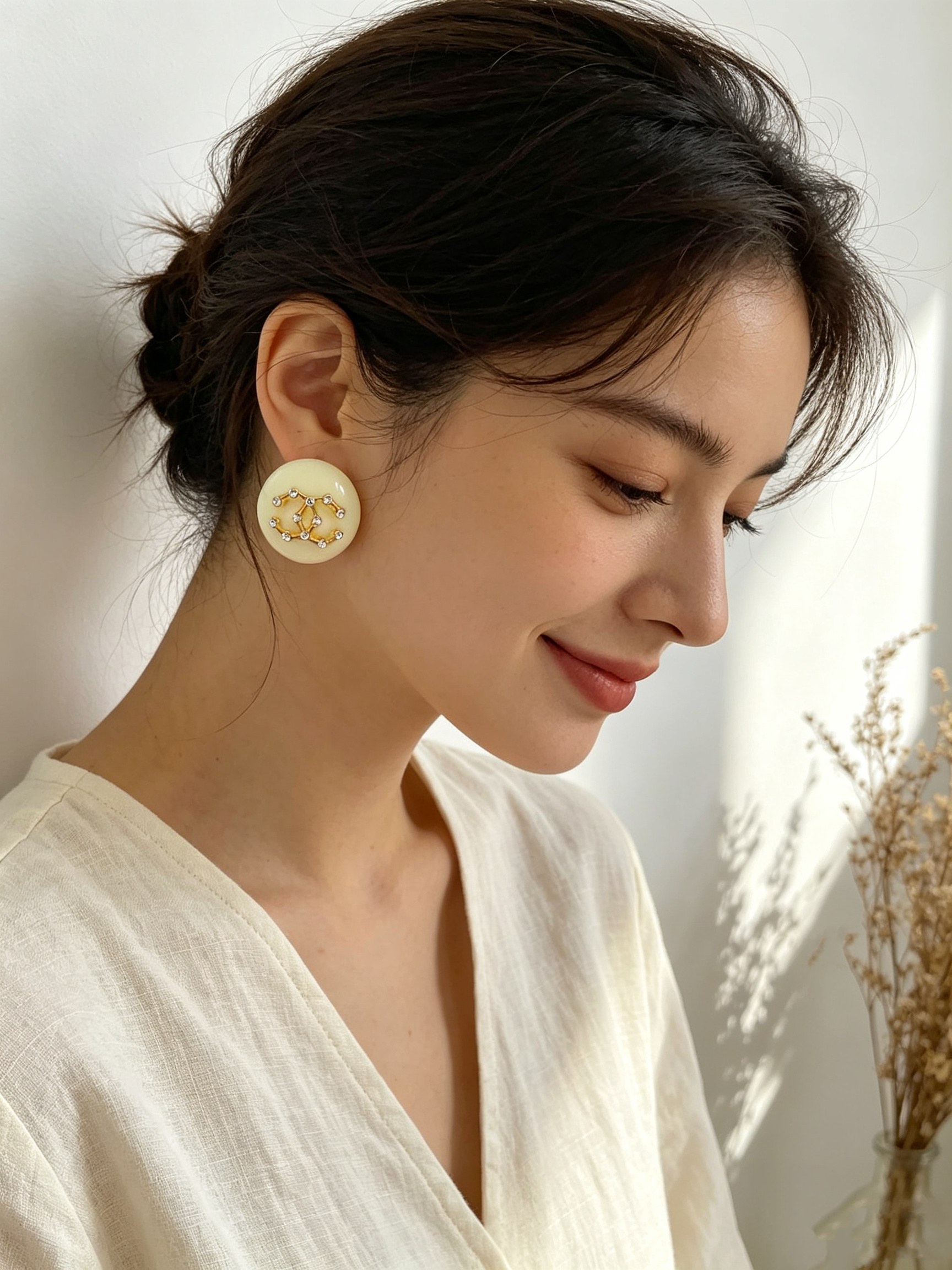 Chanel CC Logo Round Resin Stud Earrings earrings Cream ivory resin gold-tone metal clear crystal rhinestones 2 5cm diameter