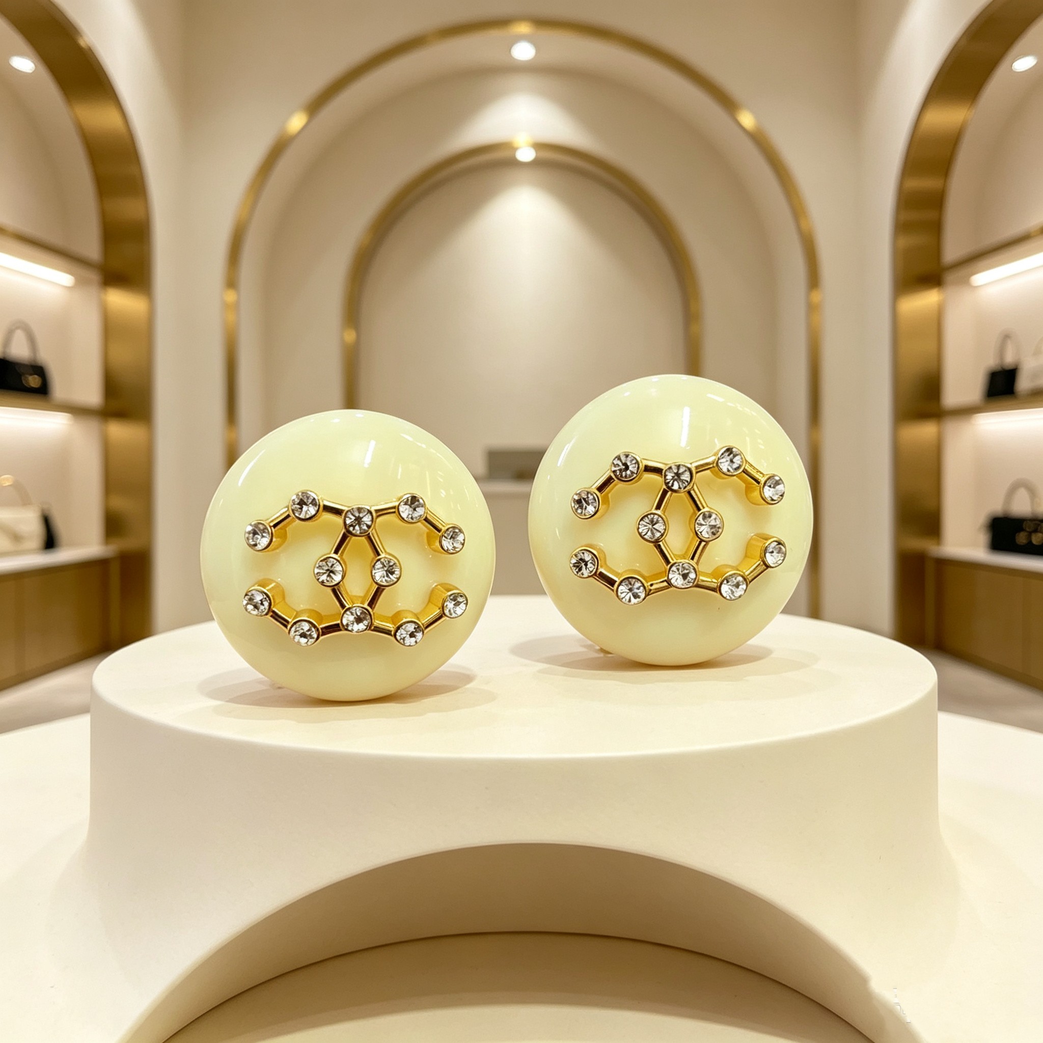 Chanel CC Logo Round Resin Stud Earrings earrings Cream ivory resin gold-tone metal clear crystal rhinestones 2 5cm diameter