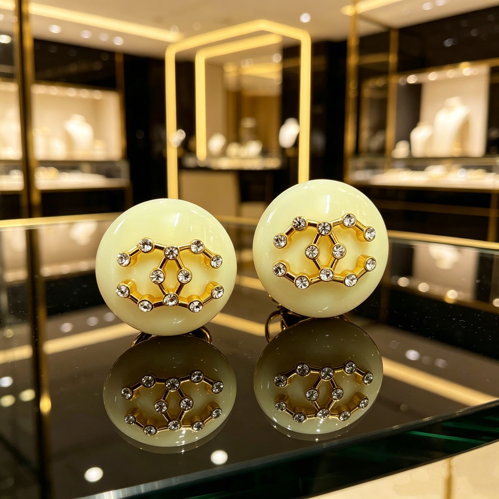 Chanel CC Logo Round Resin Stud Earrings earrings Cream ivory resin gold-tone metal clear crystal rhinestones 2 5cm diameter