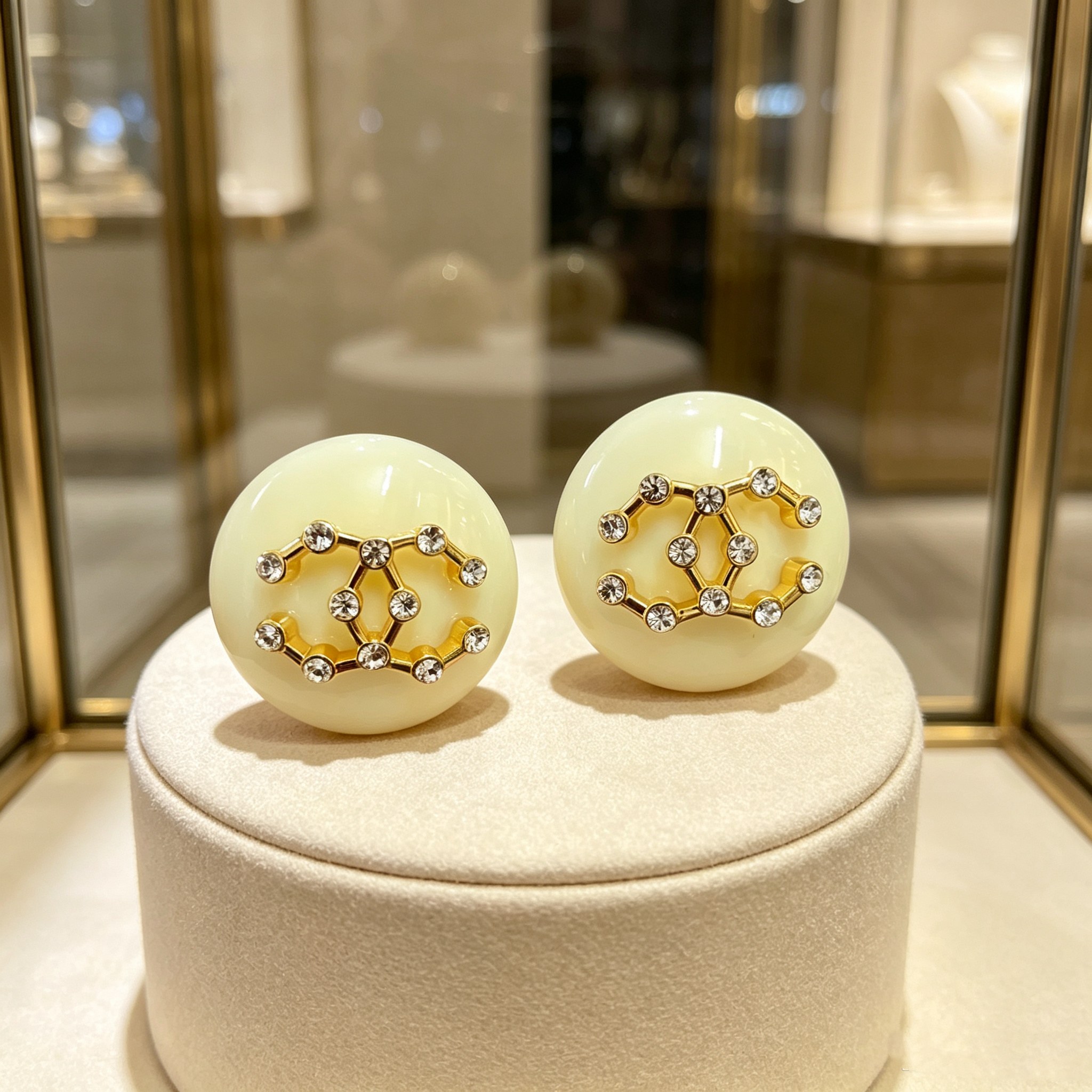 Chanel CC Logo Round Resin Stud Earrings earrings Cream ivory resin gold-tone metal clear crystal rhinestones 2 5cm diameter