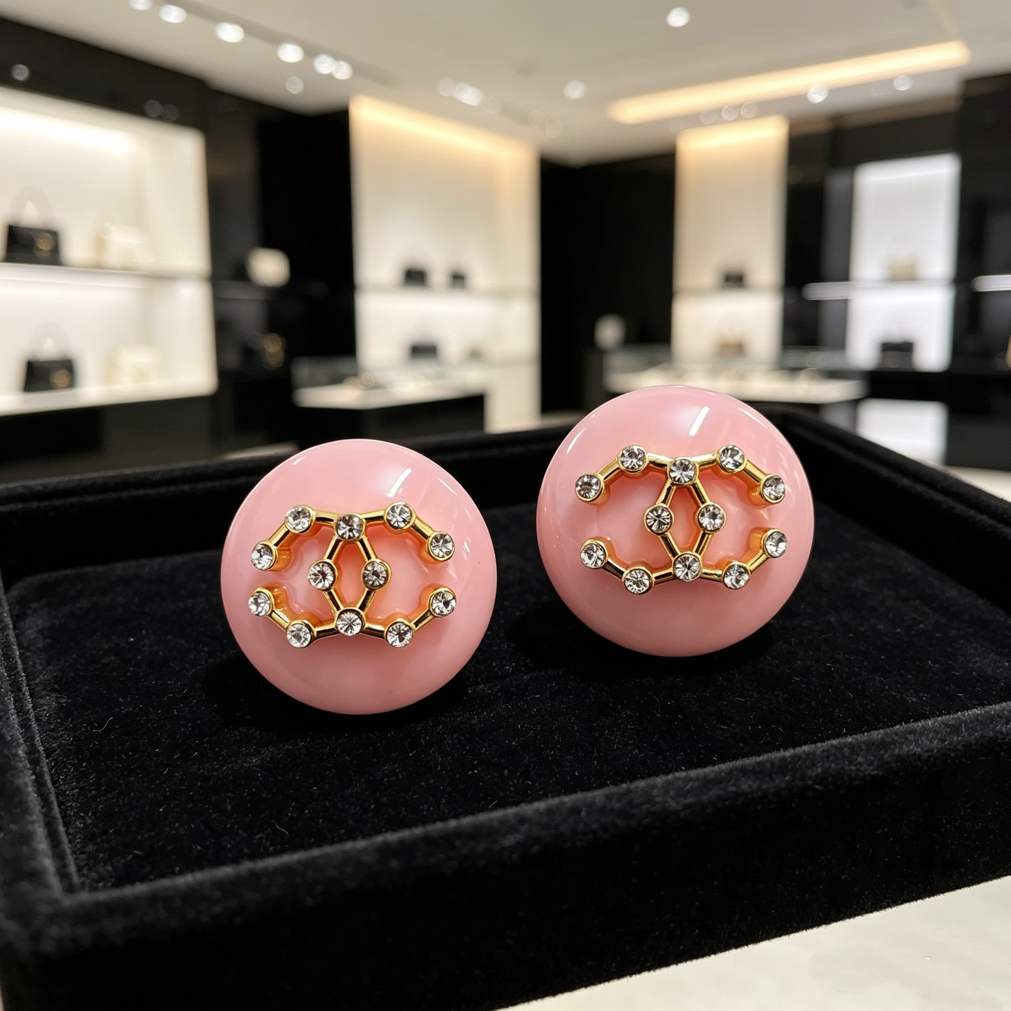 Chanel CC Logo Round Resin Stud Earrings earrings Pink resin base gold-tone metal interlocking CC logo with clear crystal accents 3cm diameter