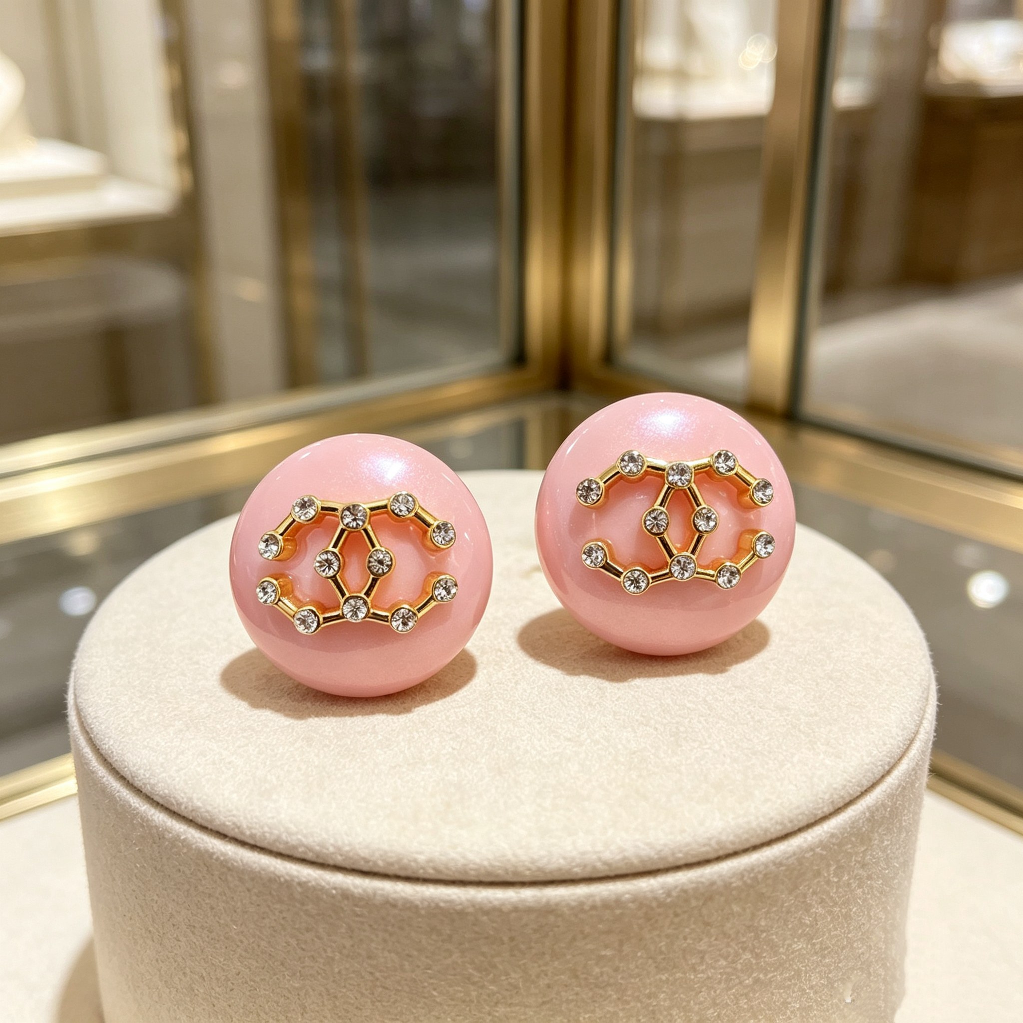 Chanel CC Logo Round Resin Stud Earrings earrings Pink resin base gold-tone metal interlocking CC logo with clear crystal accents 3cm diameter