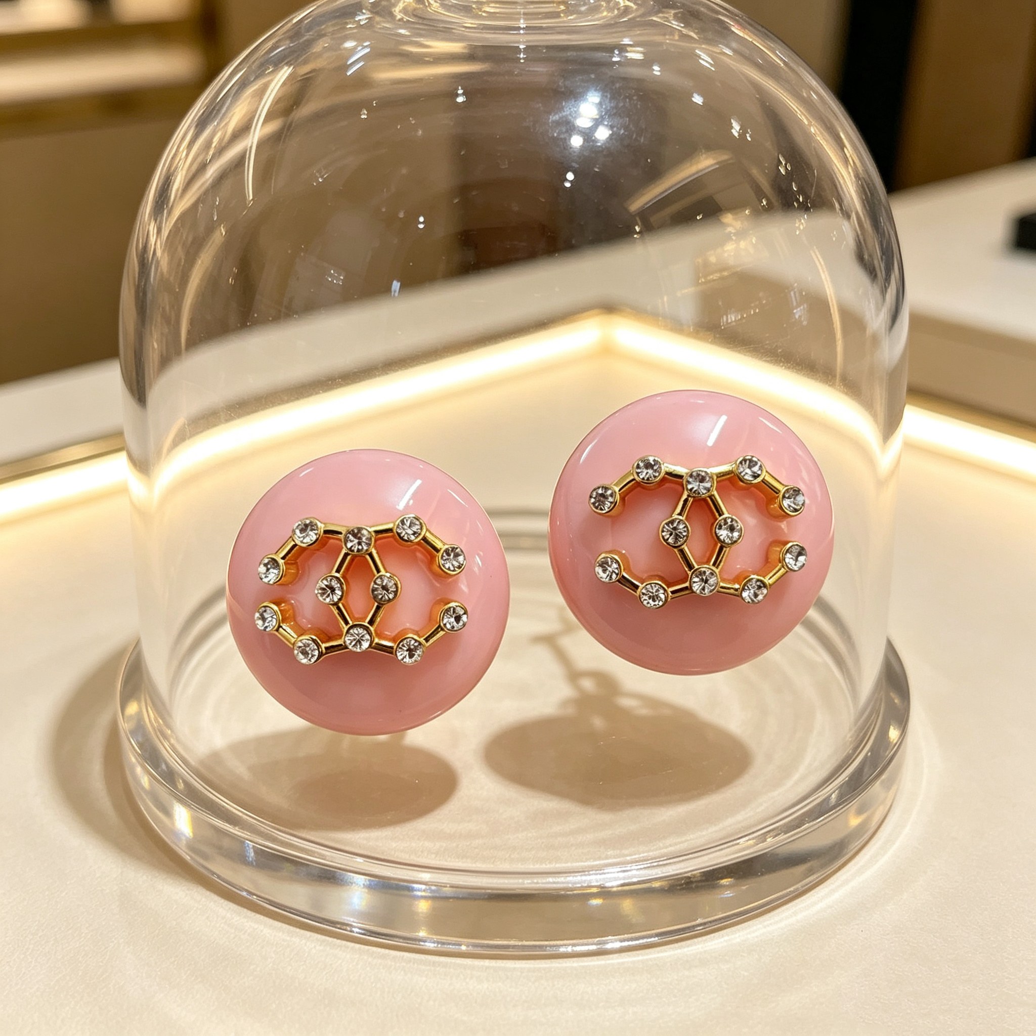 Chanel CC Logo Round Resin Stud Earrings earrings Pink resin base gold-tone metal interlocking CC logo with clear crystal accents 3cm diameter