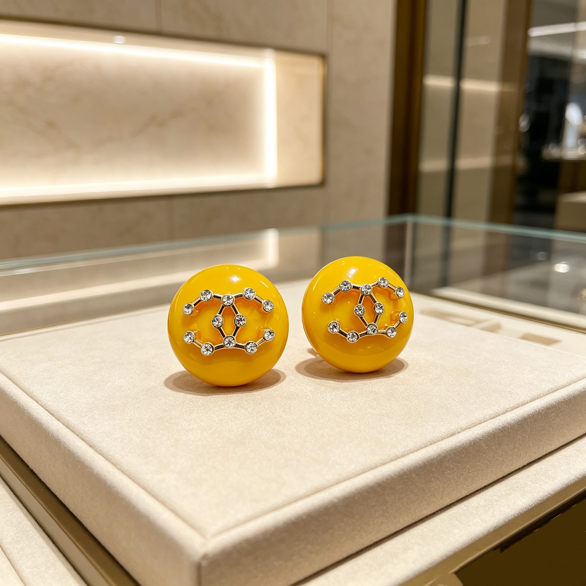 Chanel CC Logo Round Resin Stud Earrings earrings Yellow resin base gold-tone metal interlocking CC logo clear crystal accents 3cm diameter