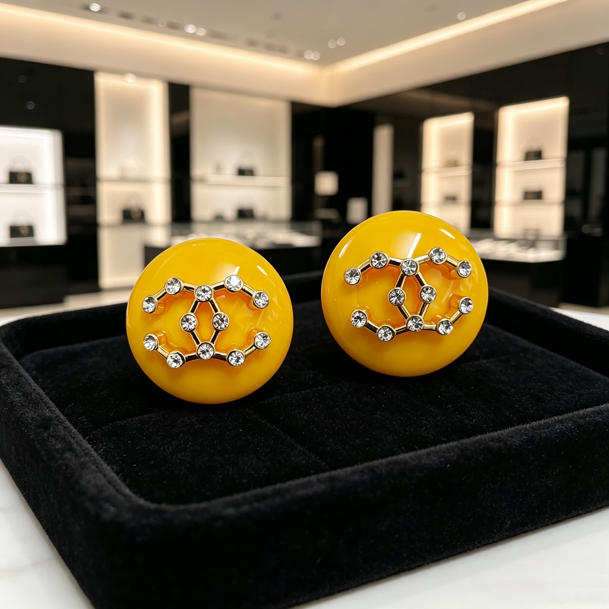 Chanel CC Logo Round Resin Stud Earrings earrings Yellow resin base gold-tone metal interlocking CC logo clear crystal accents 3cm diameter