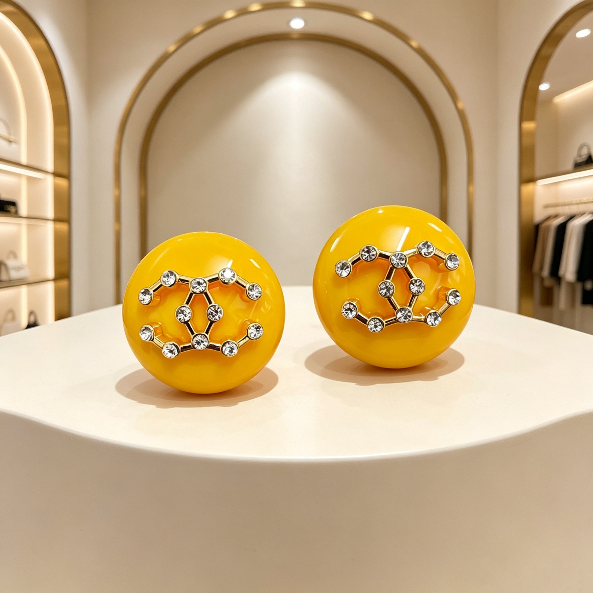 Chanel CC Logo Round Resin Stud Earrings earrings Yellow resin base gold-tone metal interlocking CC logo clear crystal accents 3cm diameter