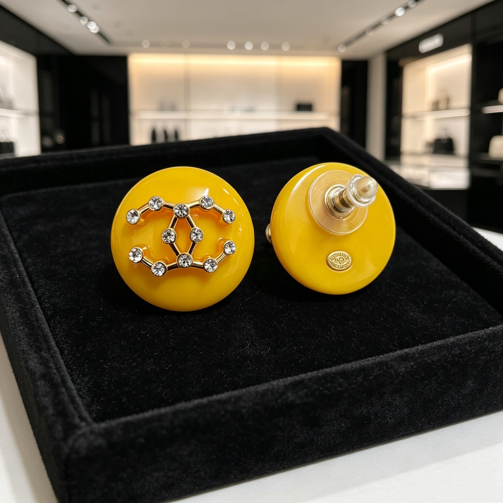 Chanel CC Logo Round Resin Stud Earrings earrings Yellow resin base gold-tone metal interlocking CC logo clear crystal accents 3cm diameter