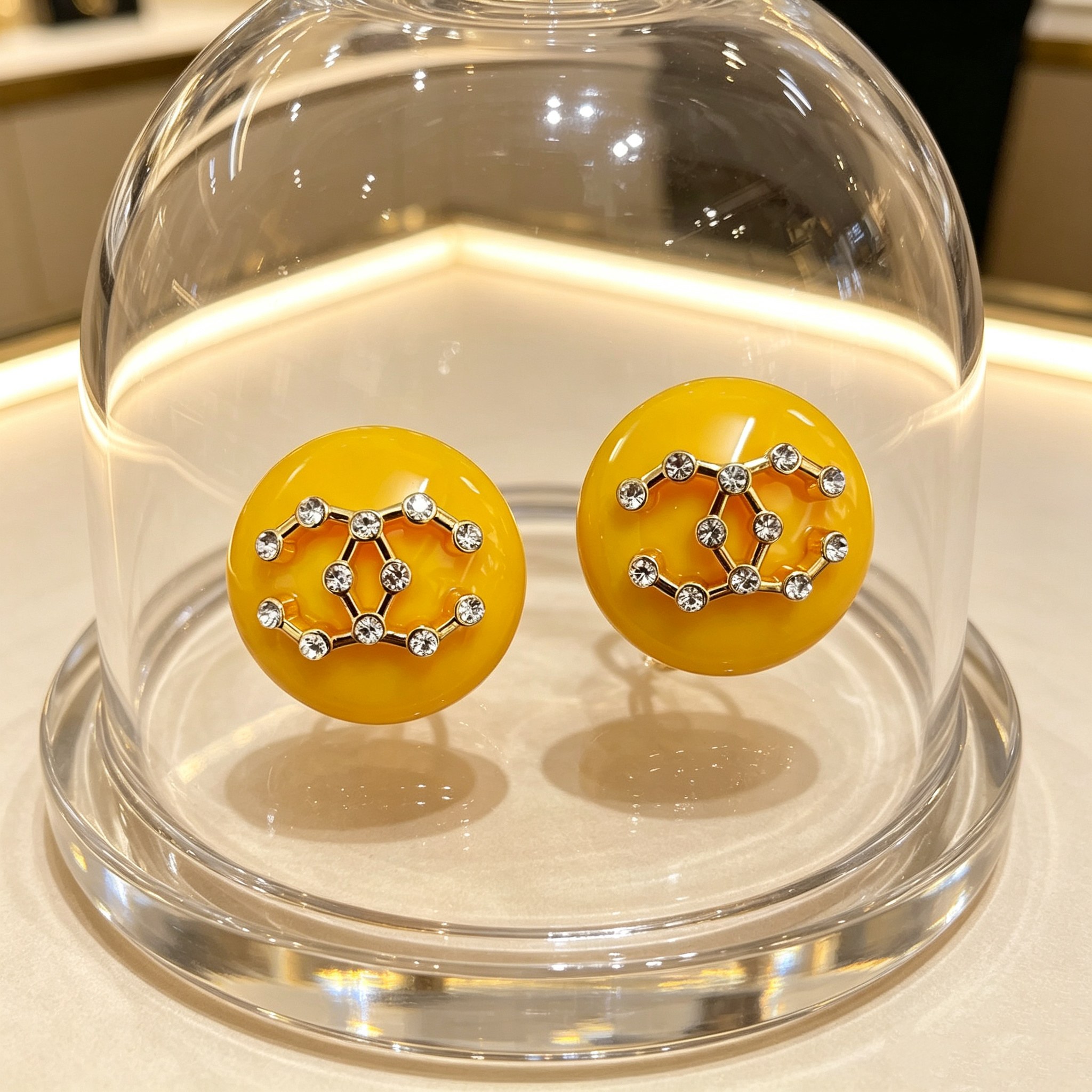 Chanel CC Logo Round Resin Stud Earrings earrings Yellow resin base gold-tone metal interlocking CC logo clear crystal accents 3cm diameter