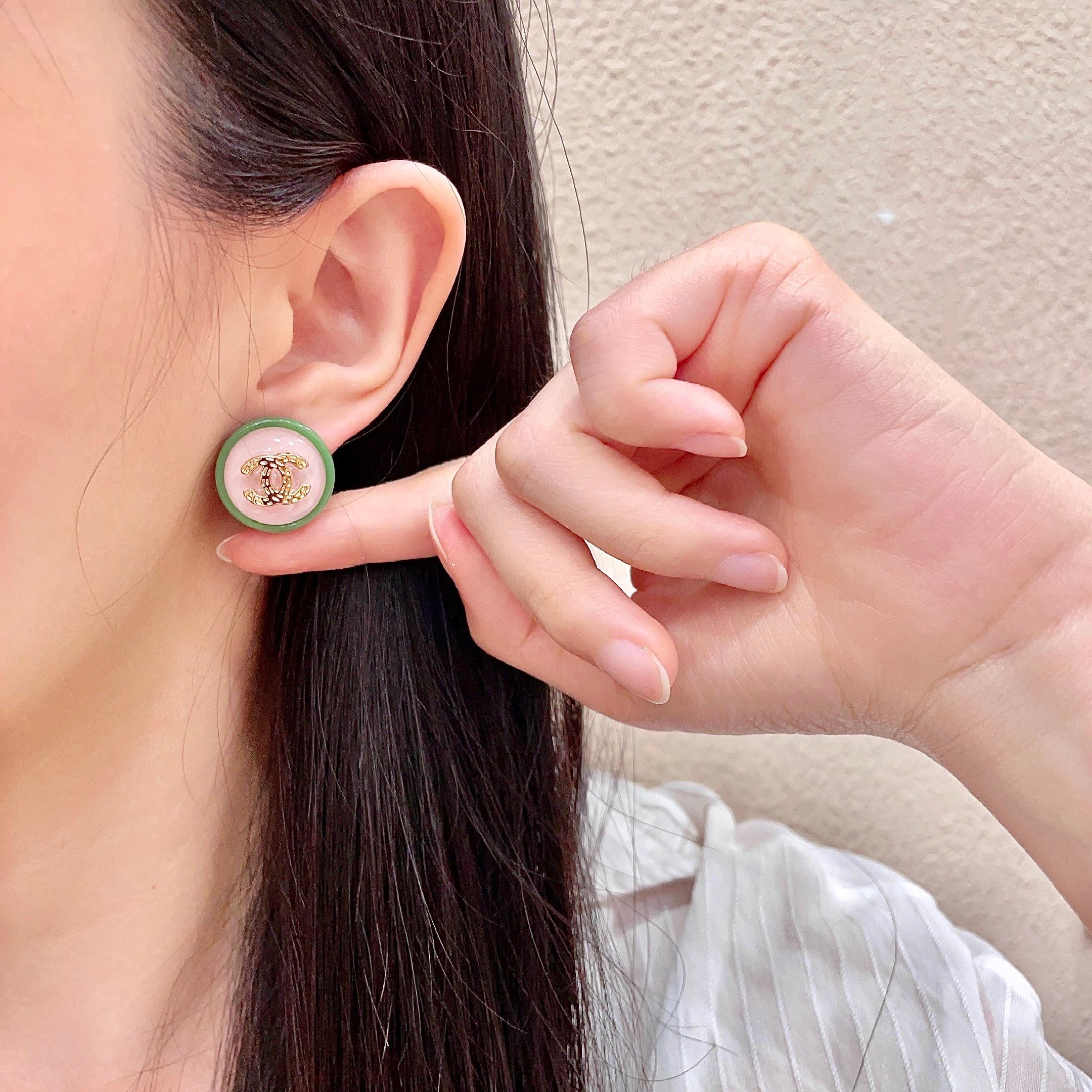 Chanel CC Logo Round Resin Stud Earrings earrings gold-tone metal light pink resin light green resin 1 5cm diameter