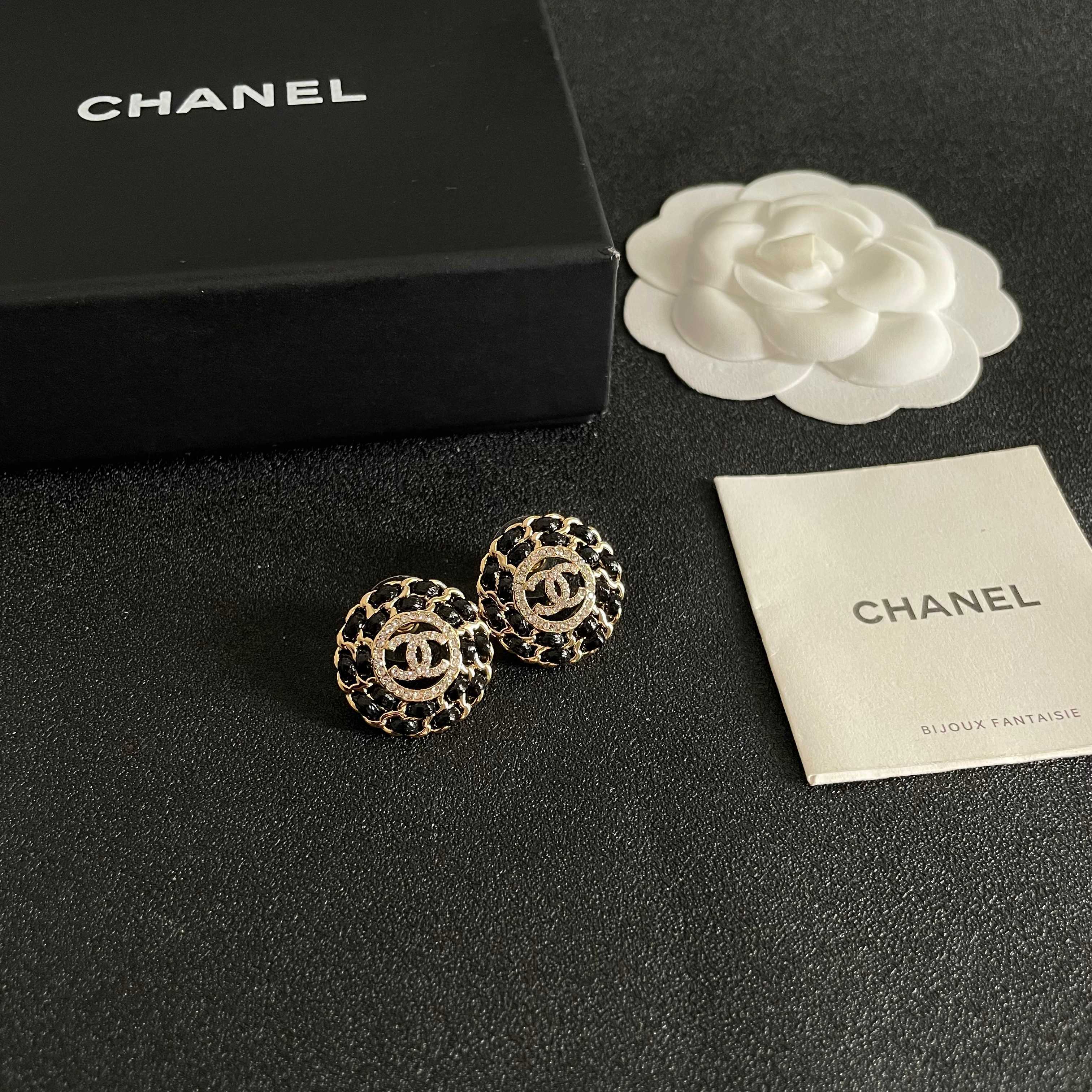 Chanel CC Logo Round Stud Earrings earrings gold-tone metal with black gemstones and clear crystal accents 1 8cm diameter