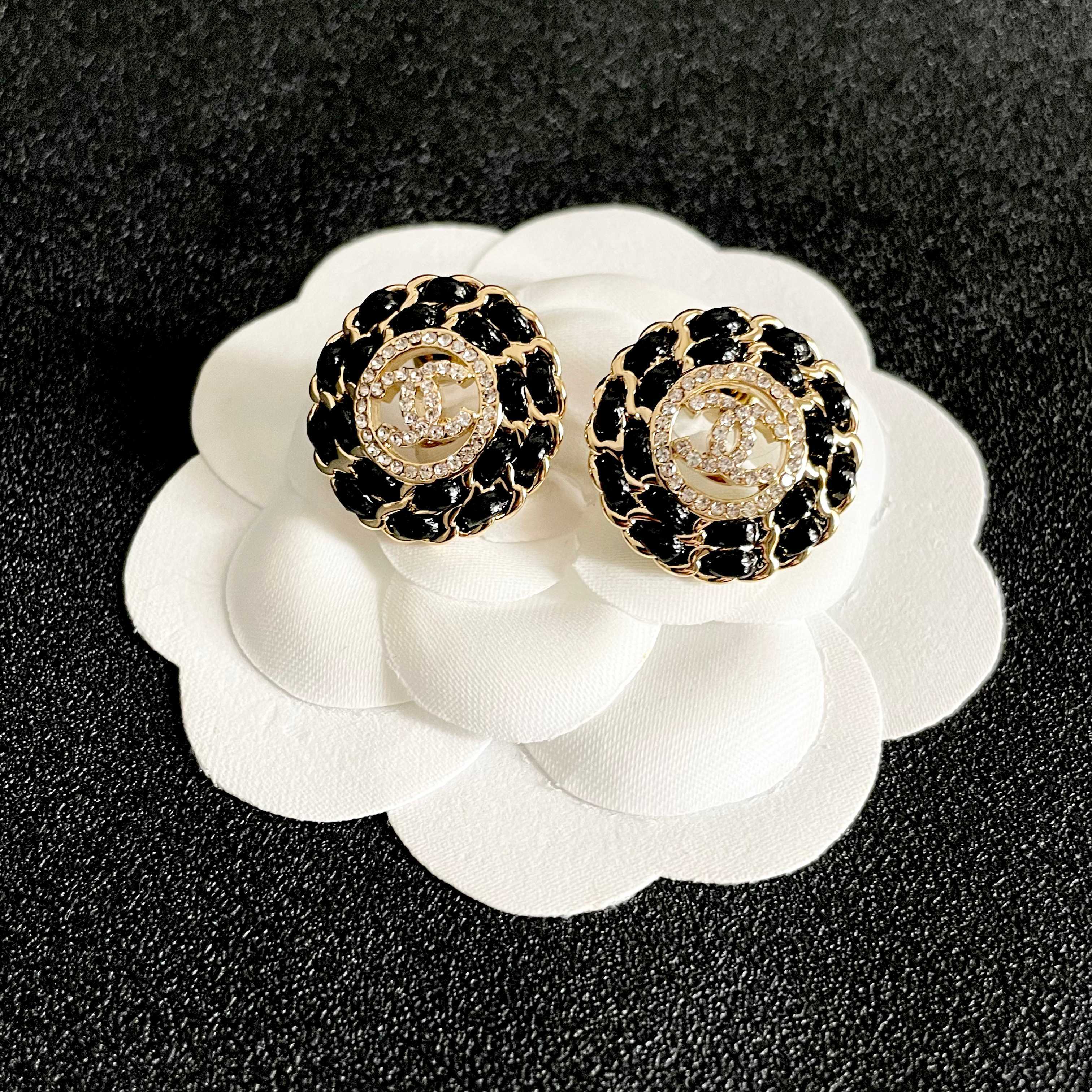Chanel CC Logo Round Stud Earrings earrings gold-tone metal with black gemstones and clear crystal accents 1 8cm diameter
