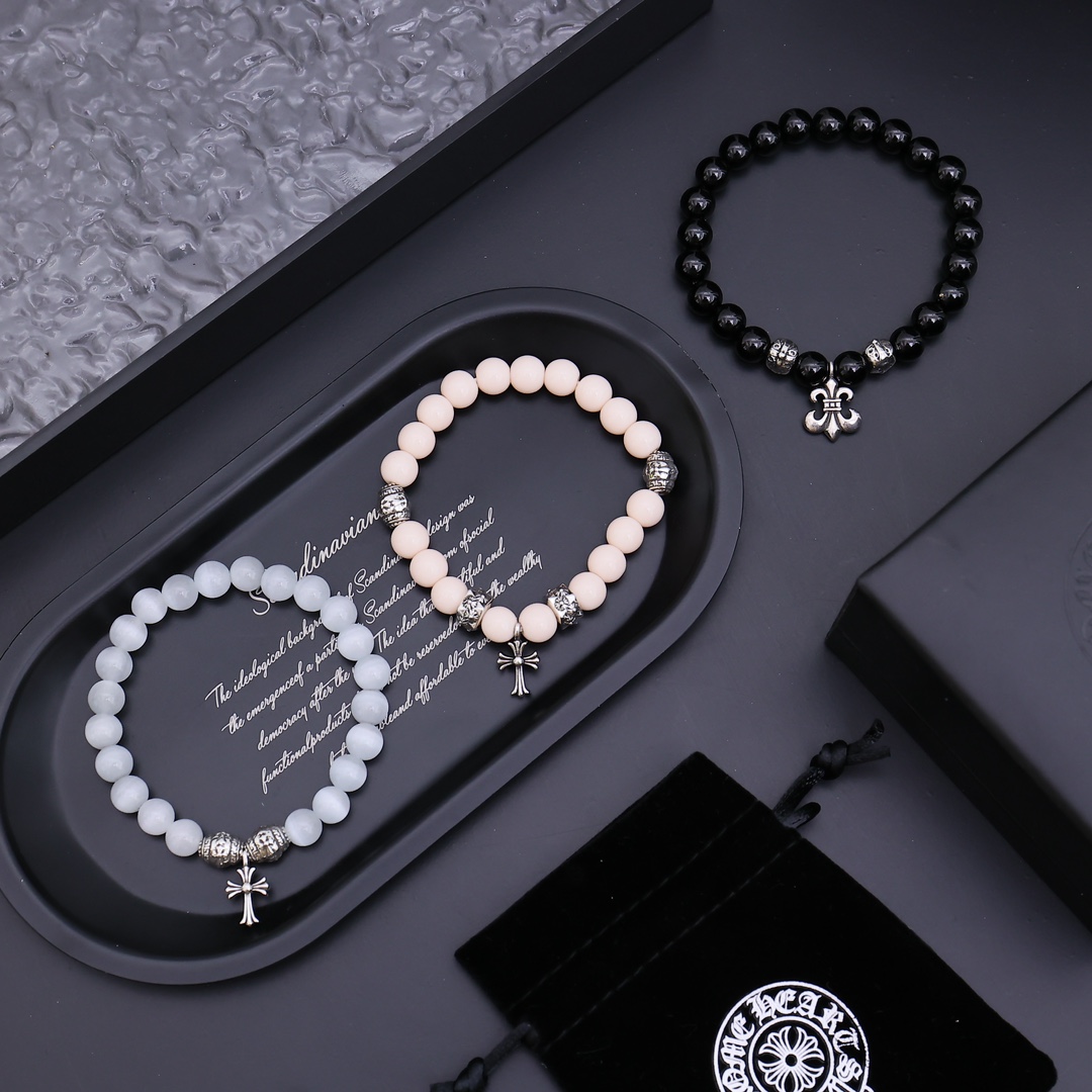 Chrome Hearts Fleur De Lis Beaded Bracelet bracelet Black onyx beads antique silver-toned metal accents and fleur-de-lis charm 19cm