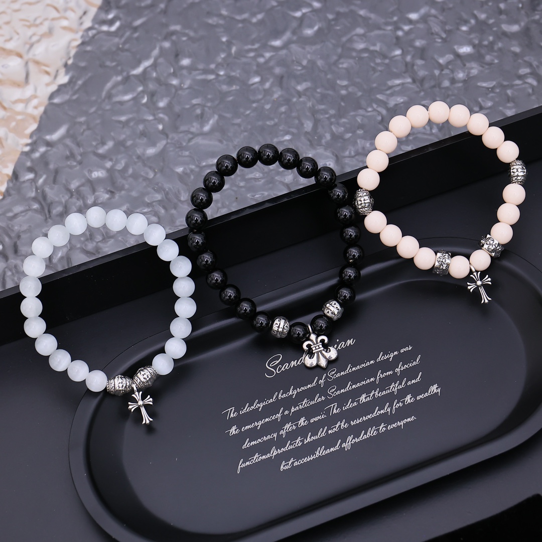 Chrome Hearts Fleur De Lis Beaded Bracelet bracelet Black onyx beads antique silver-toned metal accents and fleur-de-lis charm 19cm