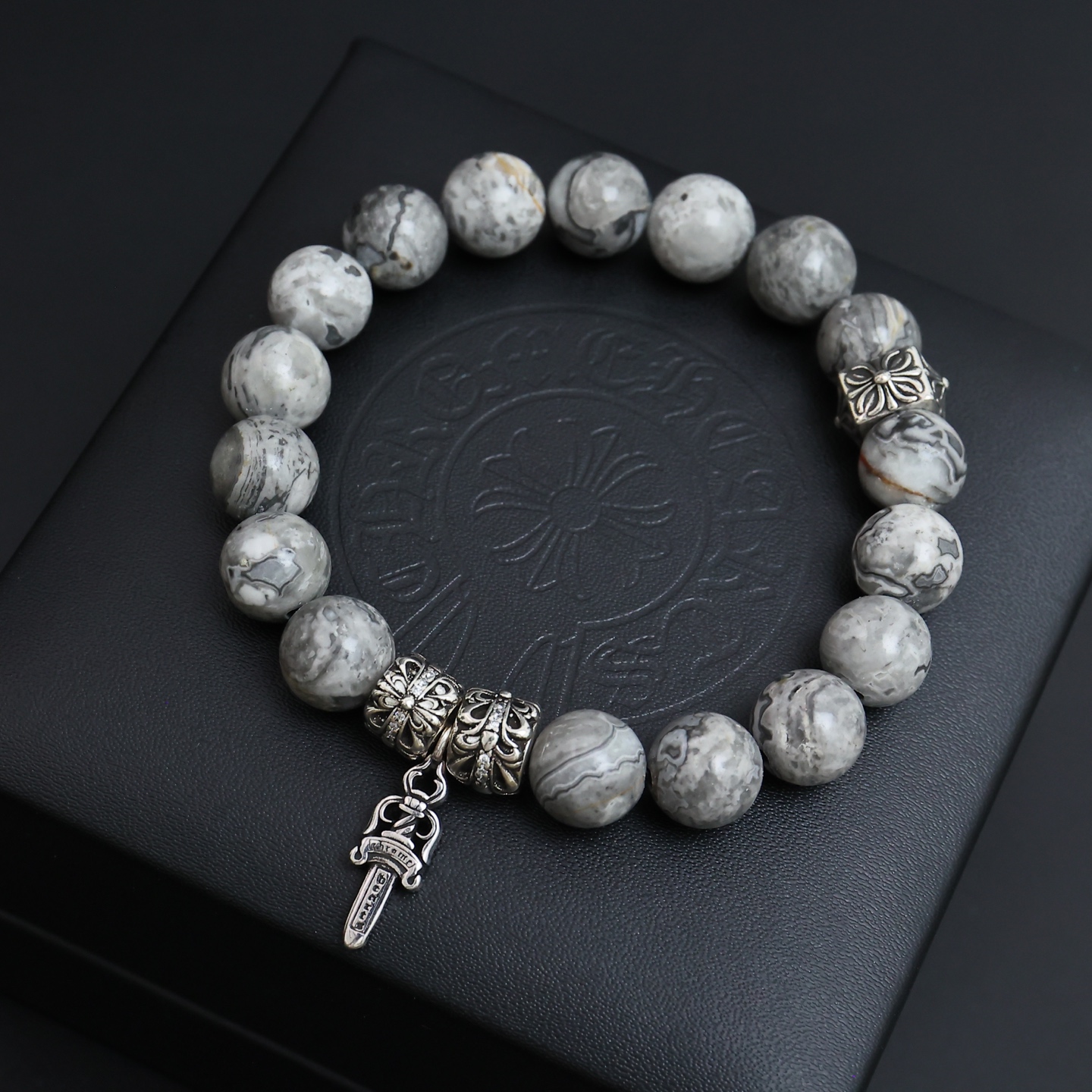 Chrome Hearts Dagger Charm Beaded Bracelet bracelet Sterling silver with gray map stone tiger s eye stone 19cm