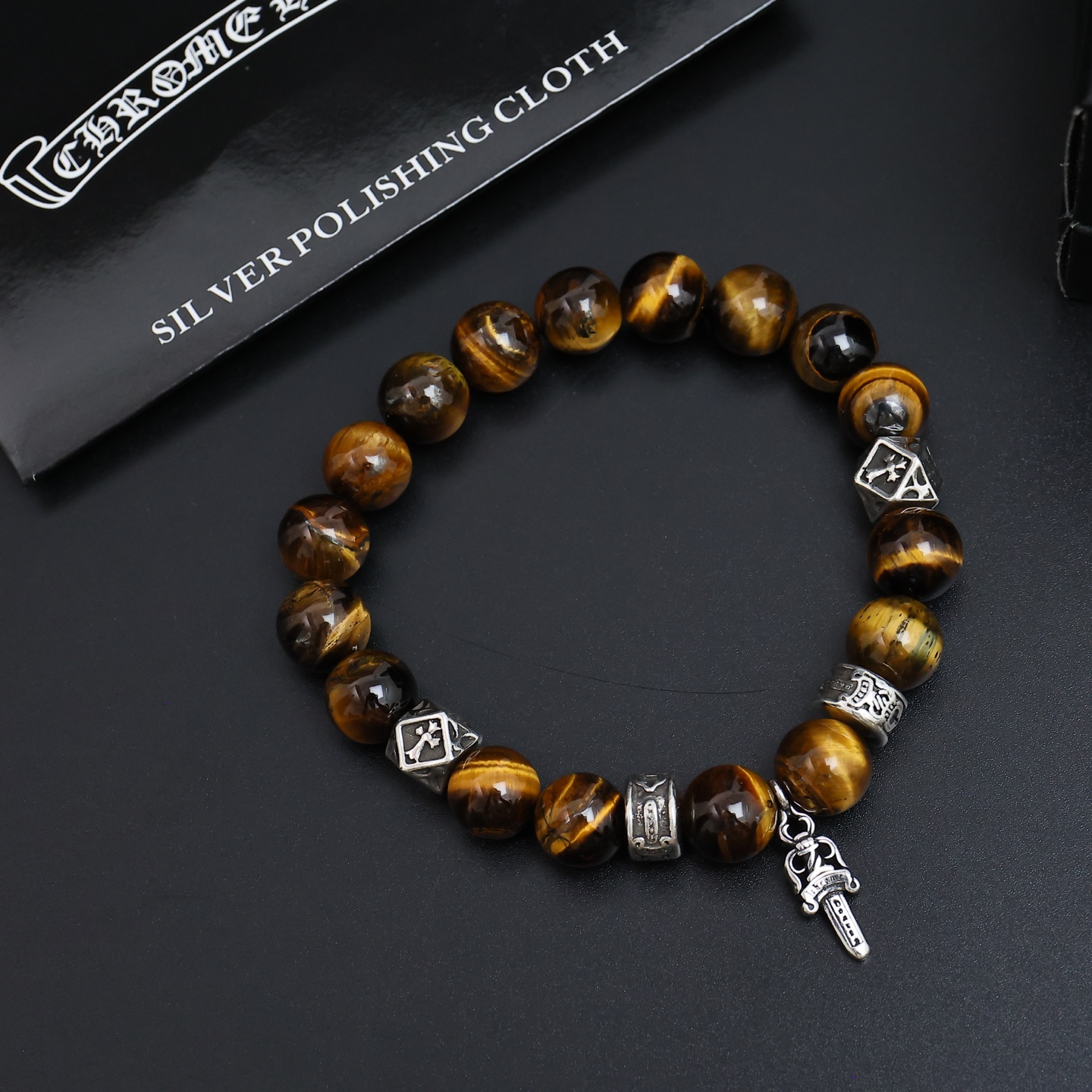 Chrome Hearts Dagger Charm Beaded Bracelet bracelet Sterling silver with gray map stone tiger s eye stone 19cm