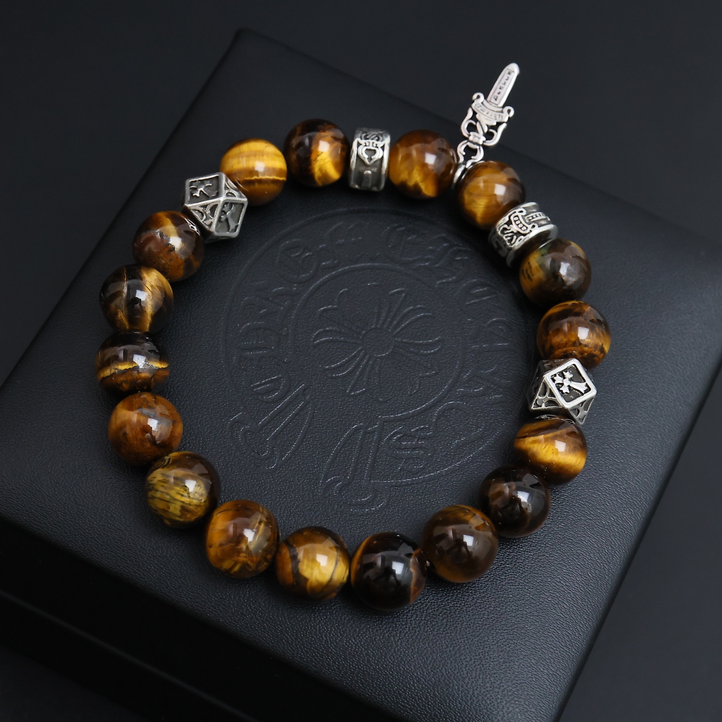 Chrome Hearts Dagger Charm Beaded Bracelet bracelet Sterling silver with gray map stone tiger s eye stone 19cm