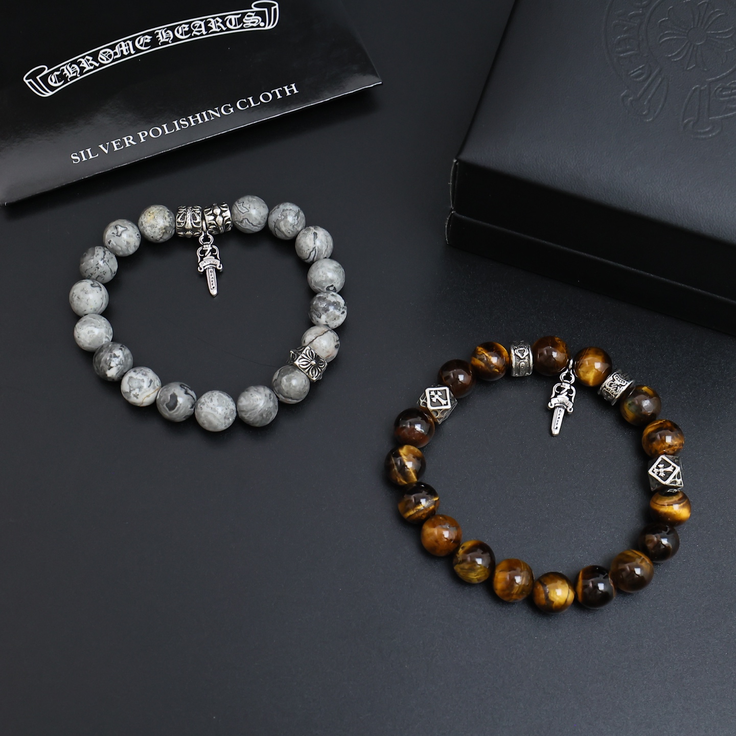Chrome Hearts Dagger Charm Beaded Bracelet bracelet Sterling silver with gray map stone tiger s eye stone 19cm