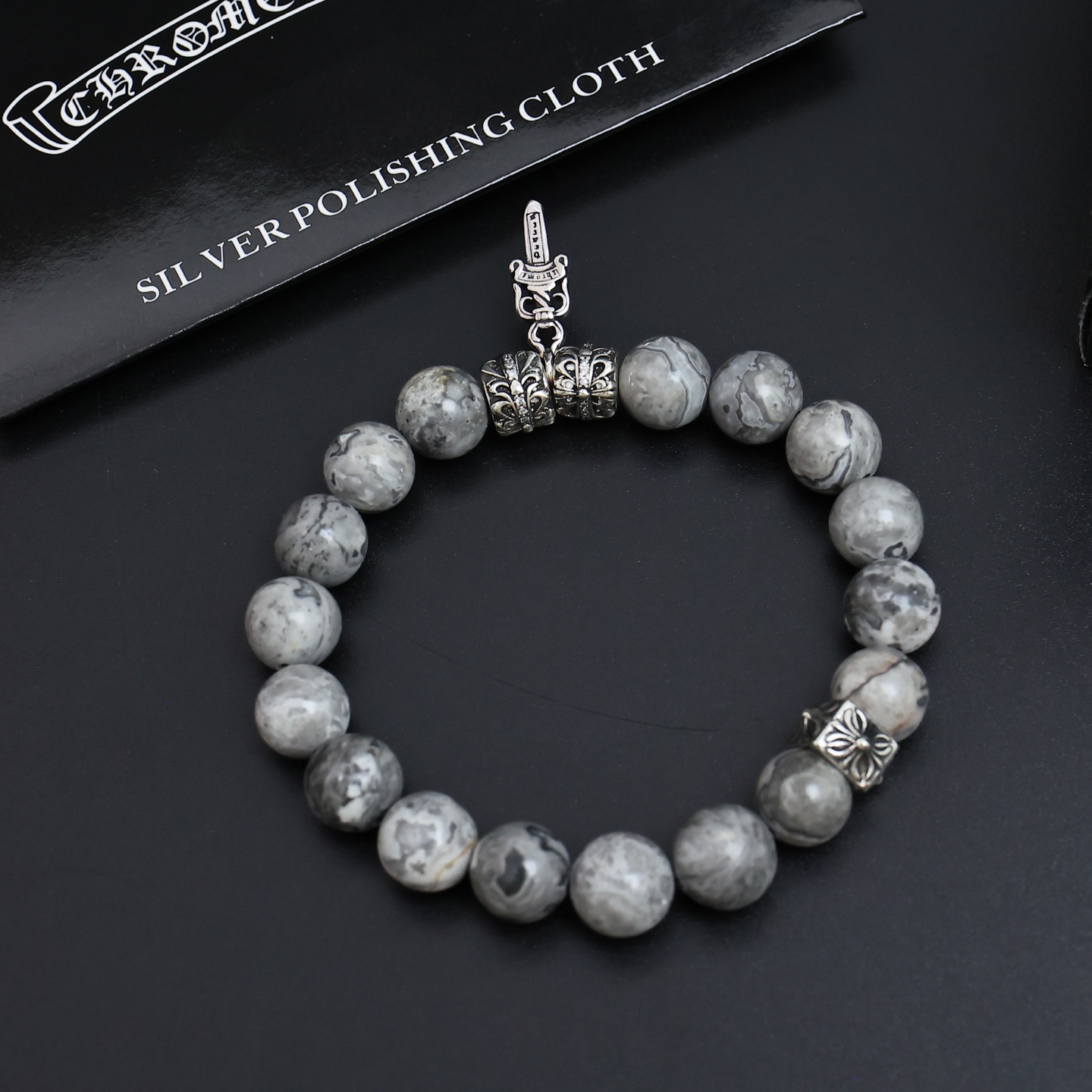 Chrome Hearts Dagger Charm Beaded Bracelet bracelet Sterling silver with gray map stone tiger s eye stone 19cm