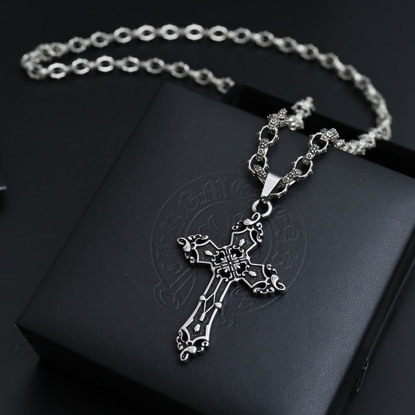 Chrome Hearts Cross Pendant necklace Antique silver-toned metal with dark oxidized detailing no gemstones 60cm