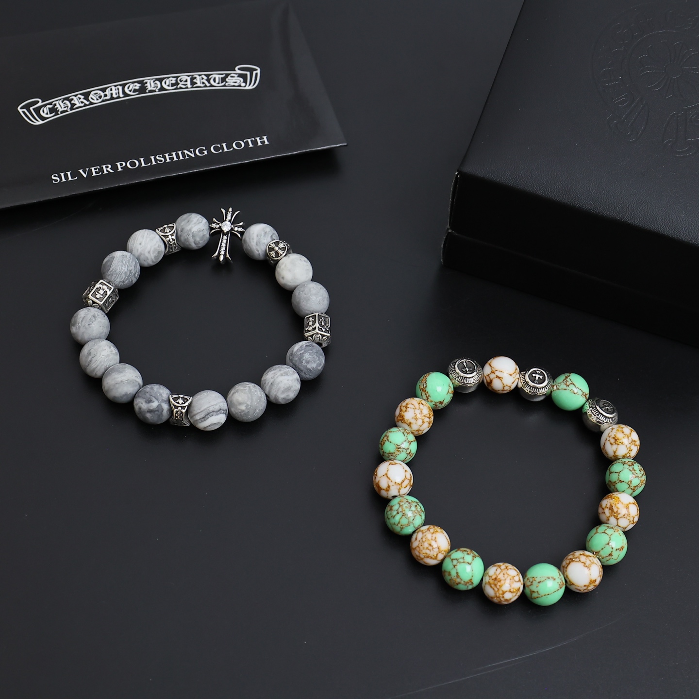 Chrome Hearts Beaded Cross Charm Bracelet bracelet Antique silver metal with green turquoise white matrix turquoise and grey map jasper stone beads 19cm
