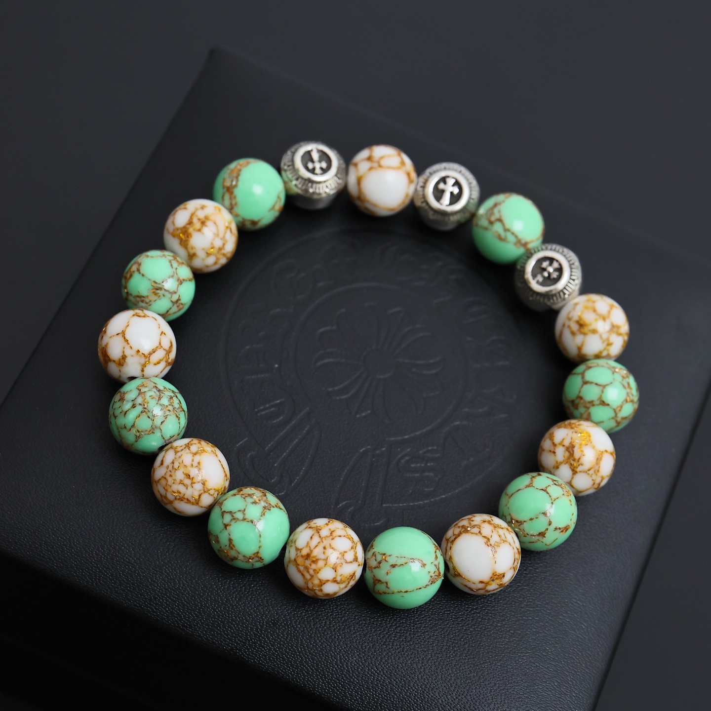 Chrome Hearts Beaded Cross Charm Bracelet bracelet Antique silver metal with green turquoise white matrix turquoise and grey map jasper stone beads 19cm