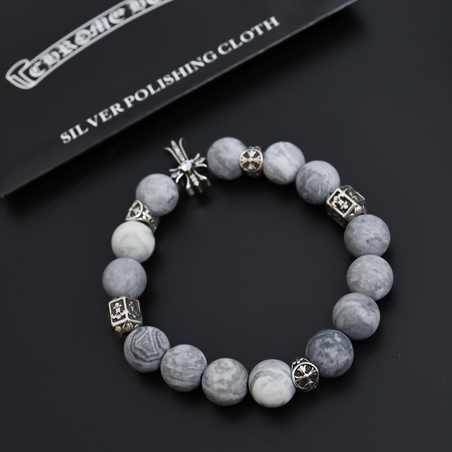 Chrome Hearts Beaded Cross Charm Bracelet bracelet Antique silver metal with green turquoise white matrix turquoise and grey map jasper stone beads 19cm