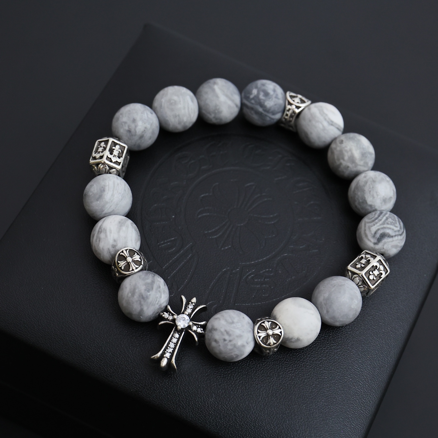 Chrome Hearts Beaded Cross Charm Bracelet bracelet Antique silver metal with green turquoise white matrix turquoise and grey map jasper stone beads 19cm