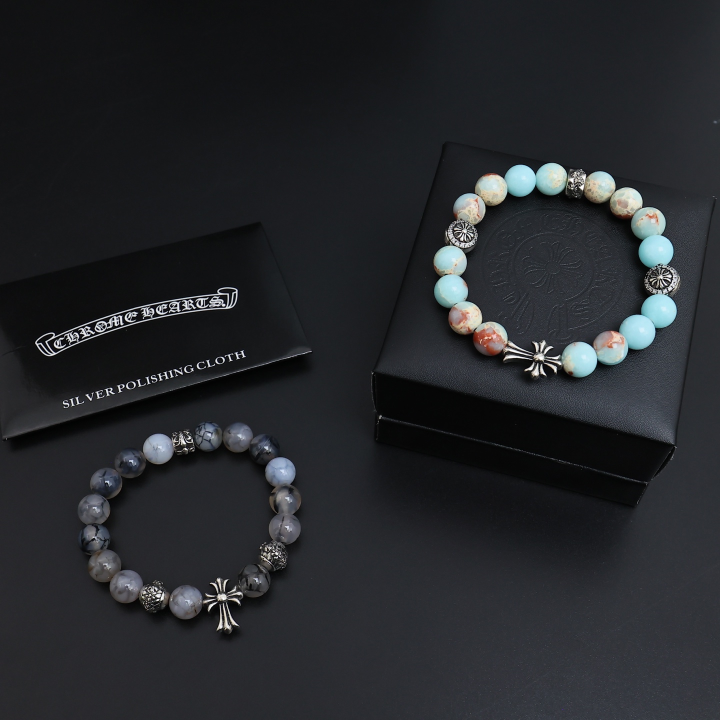 Chrome Hearts Cross Beaded Bracelet bracelet Sterling silver with turquoise blue red and cream variegated stone beads accented with clear cubic zirconia 18cm