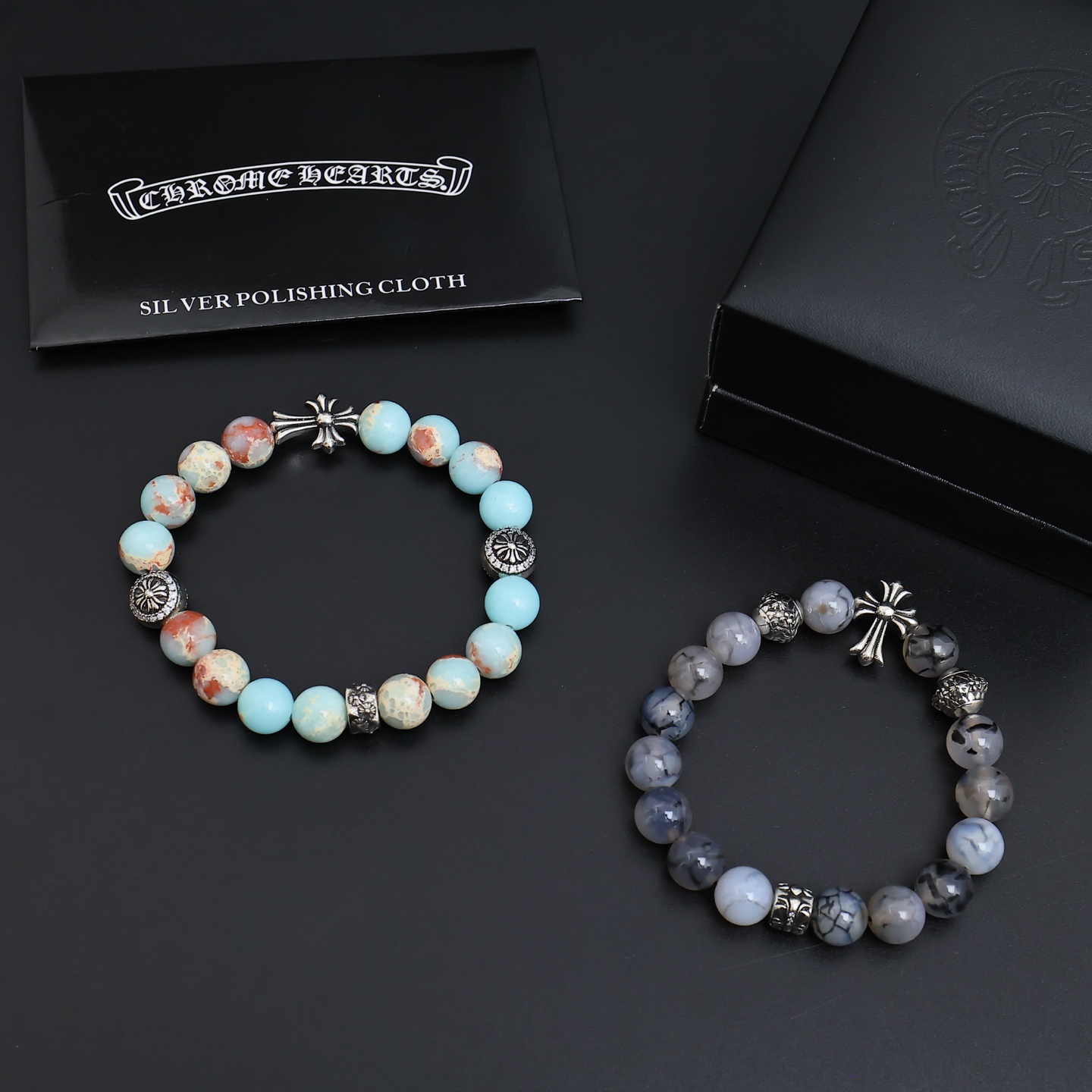 Chrome Hearts Cross Beaded Bracelet bracelet Sterling silver with turquoise blue red and cream variegated stone beads accented with clear cubic zirconia 18cm