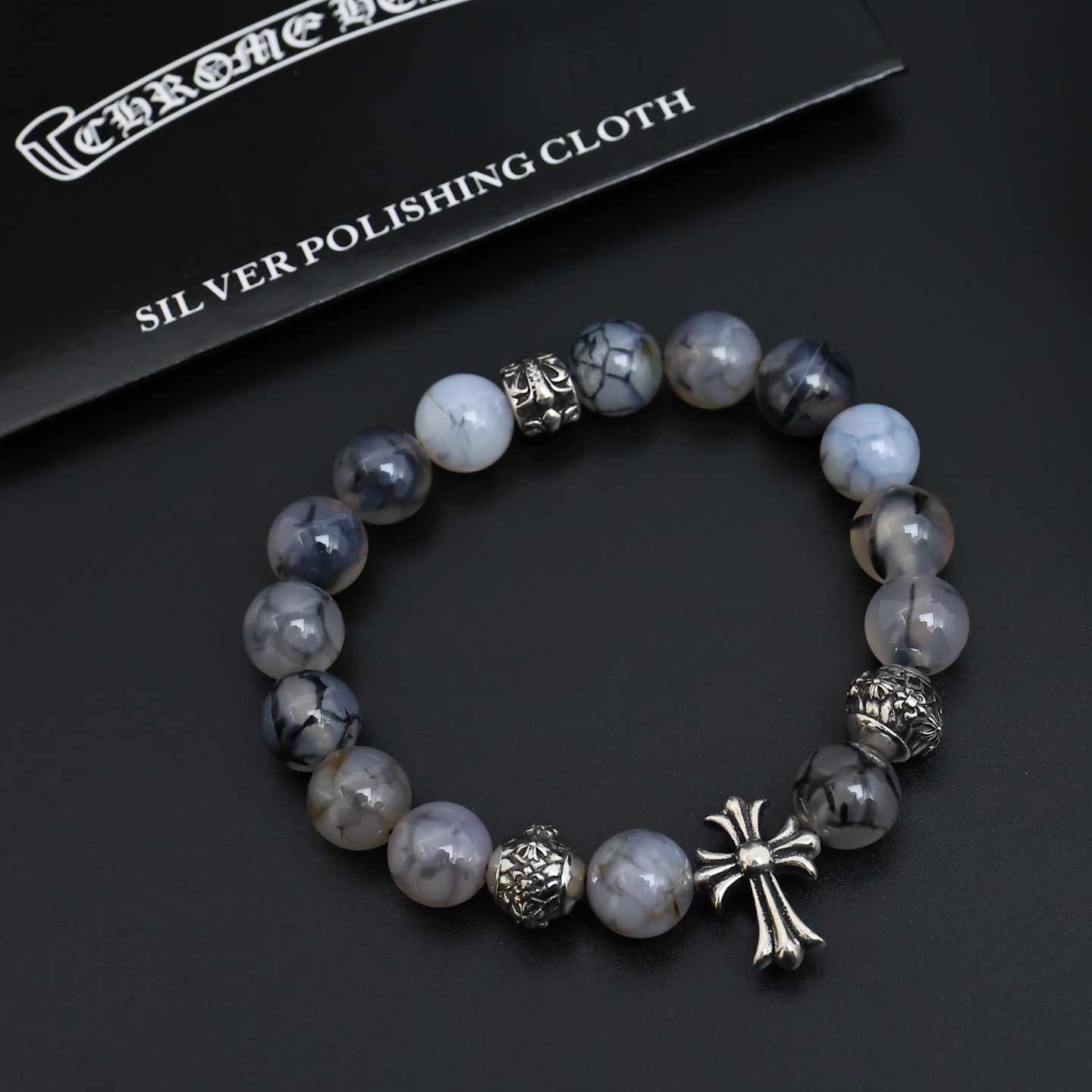 Chrome Hearts Cross Beaded Bracelet bracelet Sterling silver with turquoise blue red and cream variegated stone beads accented with clear cubic zirconia 18cm